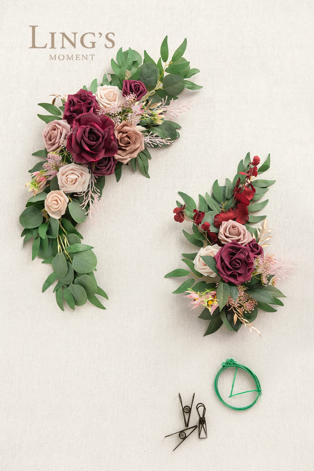 Ling's Moment 2-Piece Artificial Welcome Sign Swag - Wedding Arch Floral Decor with Eucalyptus & Marsala Roses - Perfect for Ceremony, Reception, Door, Wall, Home Entryway & Outdoor Decorations