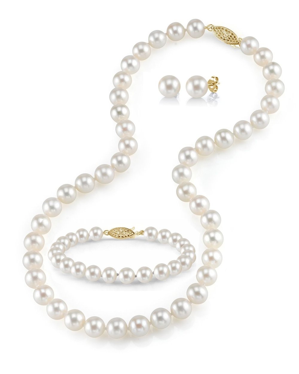 14K Gold Freshwater Pearl Jewelry Set - Necklace, Bracelet & Earrings for Women | Wedding & Party