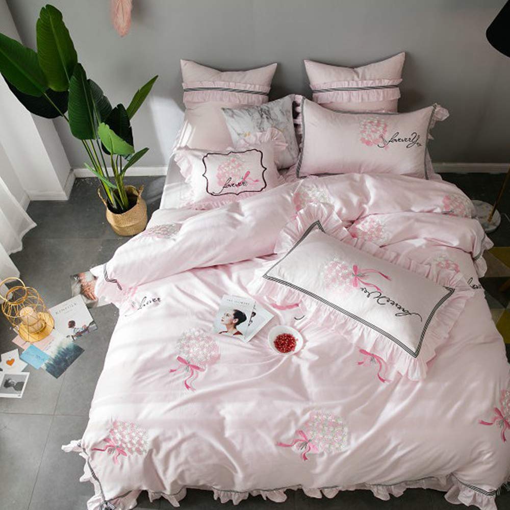John Whitley Luxury 60S Cotton Daisy Embroidery Duvet Cover Set - 4 Piece King Size Pink Ruffled Bedding Set (No Comforter Included) - Perfect for Princess Themed Bedrooms, Guest Rooms & Bridal Suites