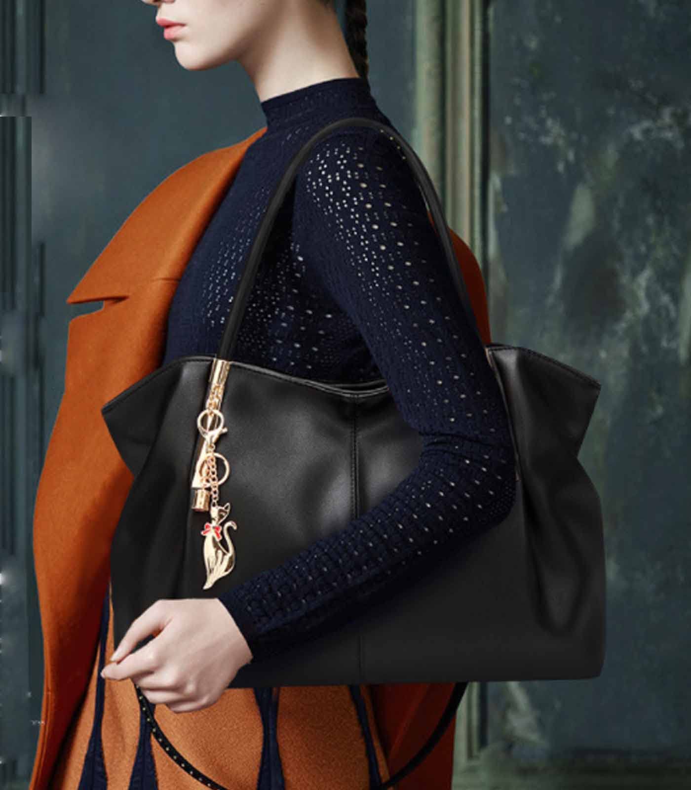 Stylish Women's PU Leather Hobo Tote Satchel Handbag with Fox Pendant - Top Handle & Adjustable Shoulder Strap - Black Purse for Work, Travel & Everyday Use
