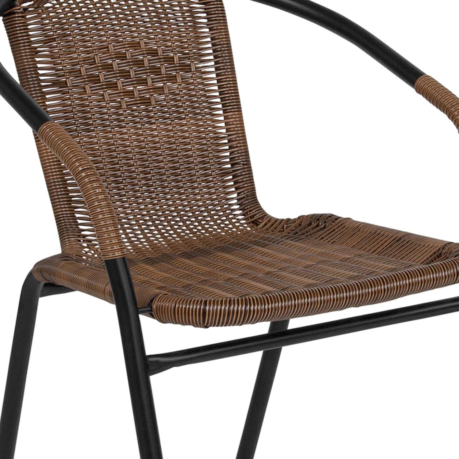 Flash Furniture Lila 28'' Round Glass Top Dining Table with Dark Brown Rattan Edge & 2 Matching Stackable Chairs - Perfect for Patio, Balcony or Small Space Outdoor Dining