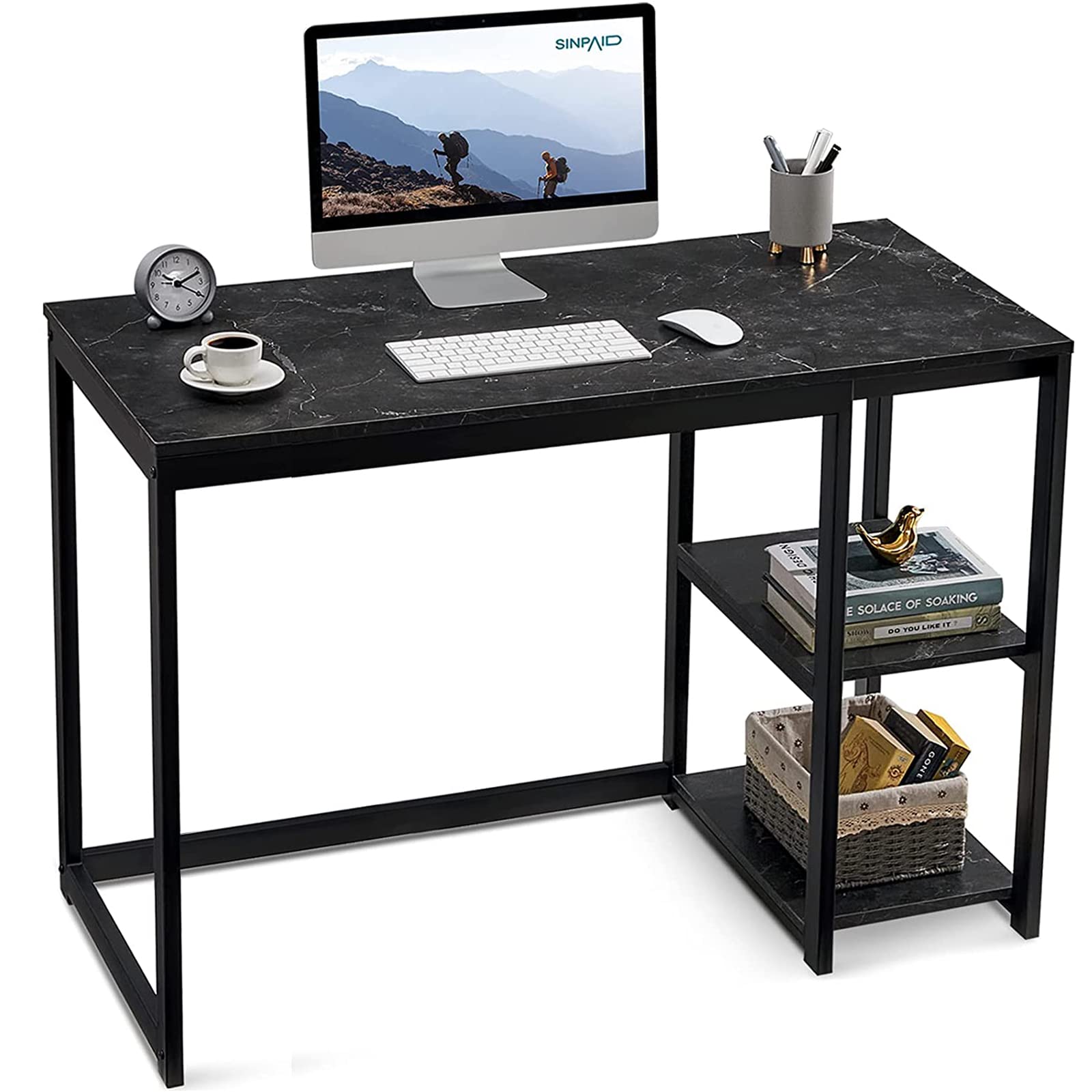 SINPAID 47-inch Modern Computer Desk with 2-Tier Shelves - Sturdy Home Office Desk, Large Storage Space, Gaming & Study Writing Laptop Table - Black Marbling Finish (Black, 47 inch) - Perfect for Home Office, Gaming Setup & Small Spaces