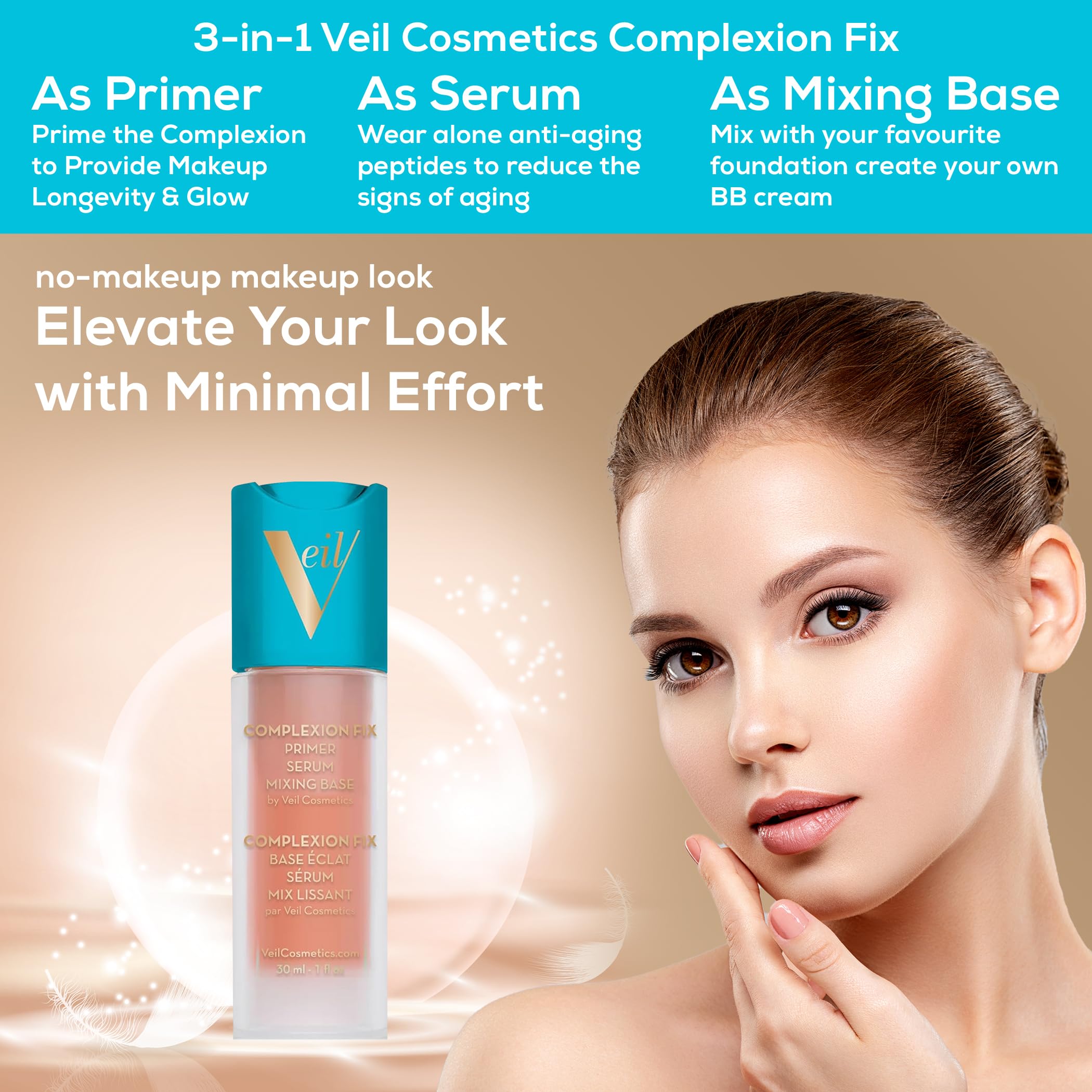 Veil Cosmetics Complexion Fix 3-in-1 Primer | Serum, Mixing Base & Makeup Primer | Pore Minimizer with Hydration & Brightening | Reduces Wrinkles & Fine Lines | Long-Lasting Makeup Wear | Vegan Formula for Radiant Skin | Perfect for Daily Use, Special Occasions & Photo Shoots