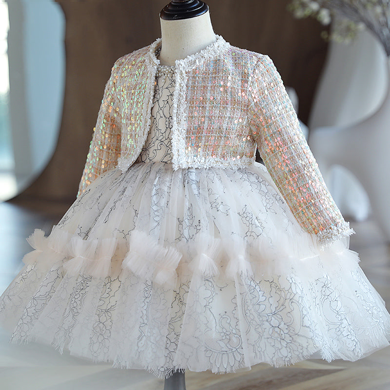 Girl's First Communion Dress with Sequin Details - 2-Piece Thermal Toddler Outfit for Birthday Party & Special Occasions