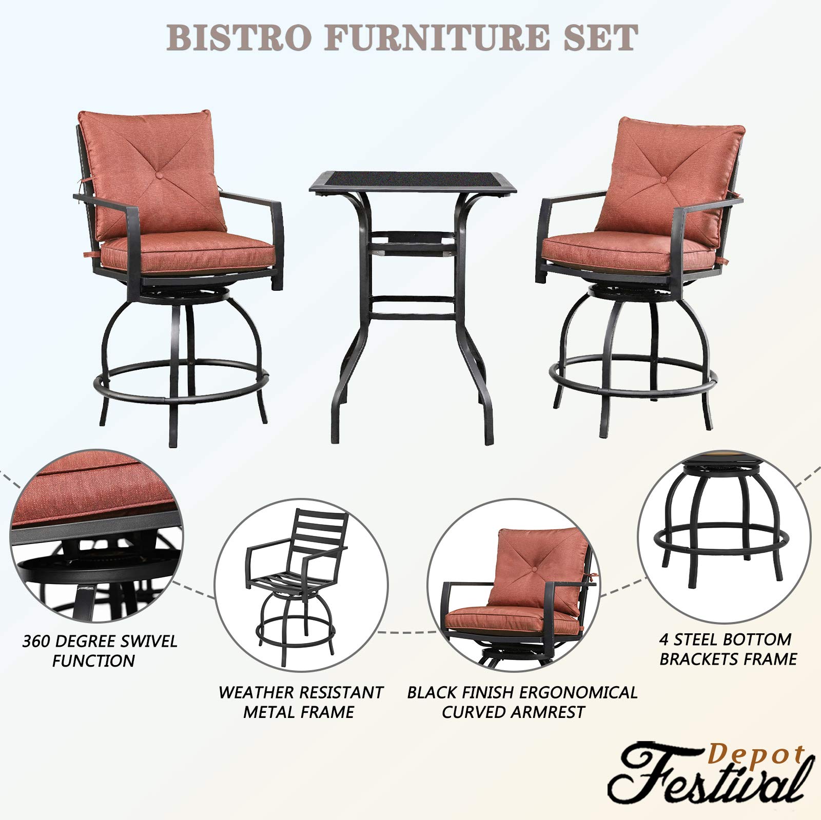360° Swivel Patio Dining Set with Cushions - 3-Piece All-Weather Metal Outdoor Furniture (Bar Height Stools & Bistro Table) for Garden, Deck, Poolside - Perfect for Backyard BBQs, Outdoor Entertaining & Relaxing (Red)
