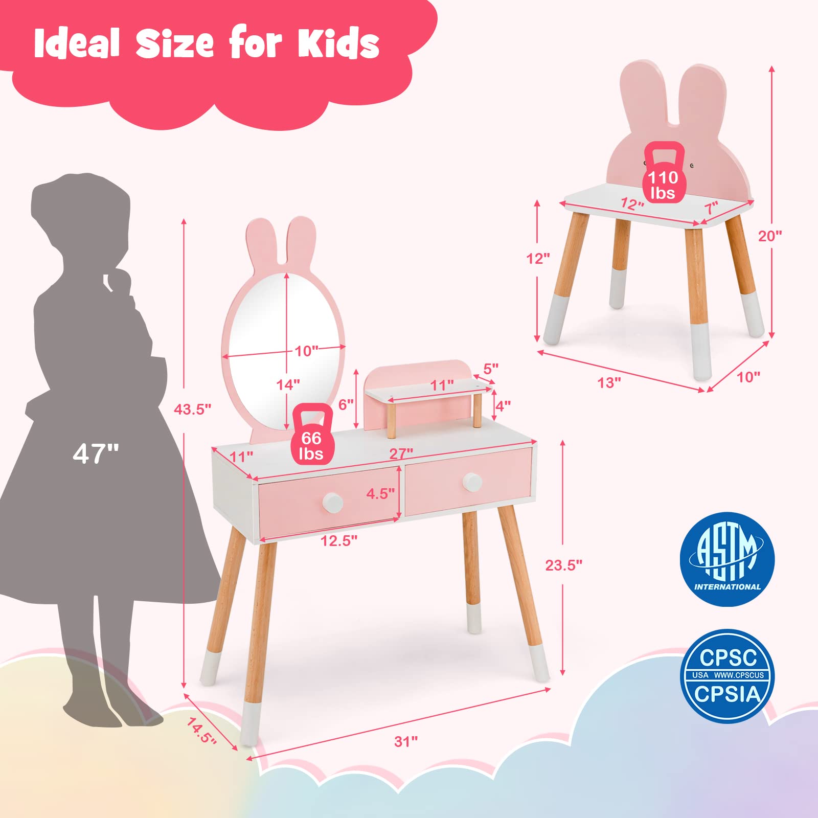 Princess Makeup Vanity Set for Kids - Wooden Rabbit Theme with Mirror & Stool - Pink