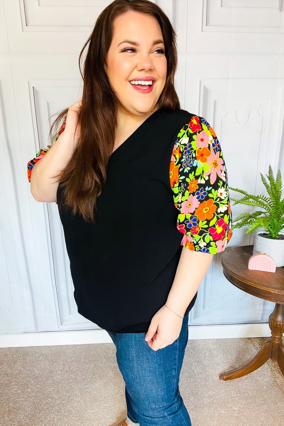 Eyes On You Black Floral Puff Sleeve V Neck Top - Women's Fashion Blouse for Date Night & Special Occasions