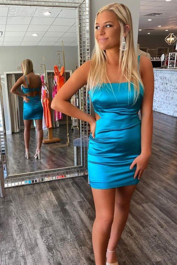 Blue Square Neck Sheath Homecoming Dress - Short Prom Dress J4476 for Women - Elegant Party Gown for Formal Events, Dances & Special Occasions