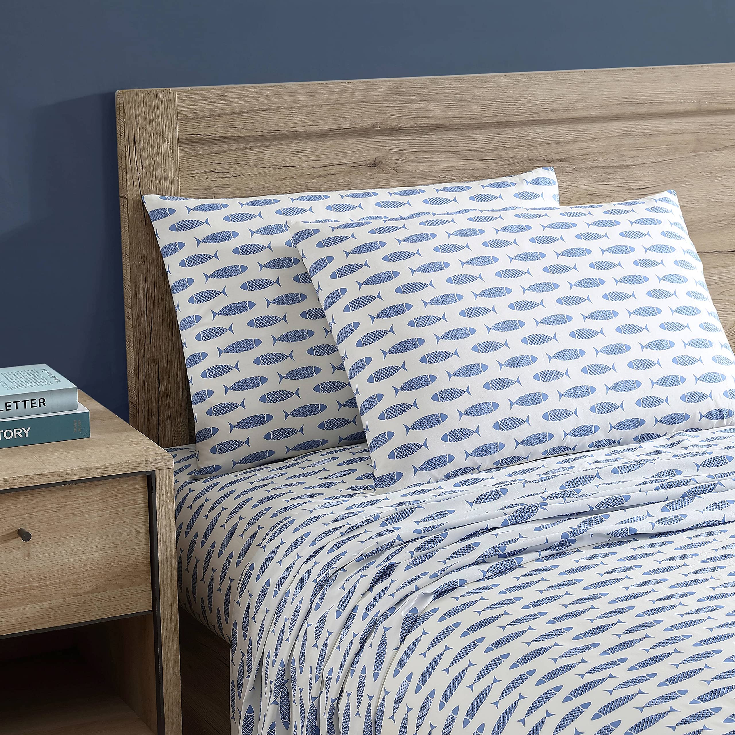 Nautica Queen Sheets - 100% Cotton Percale Bedding Set | Crisp & Cool Coastal Style | Woodblock Fish Blue | Perfect for Beach House, Guest Room & Summer Sleep