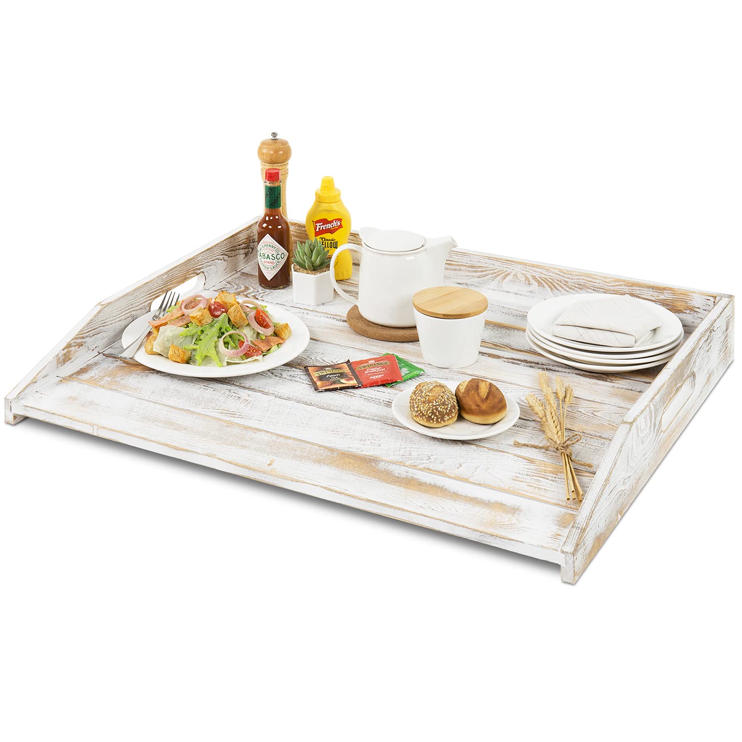 MyGift 30 Inch Extra Large Solid Wood Noodle Board - Rustic White Washed Kitchen Stove Cover with Cutout Handles - Oversized Decorative Serving Tray for Countertops - Perfect for Pasta Making, Baking, and Holiday Entertaining