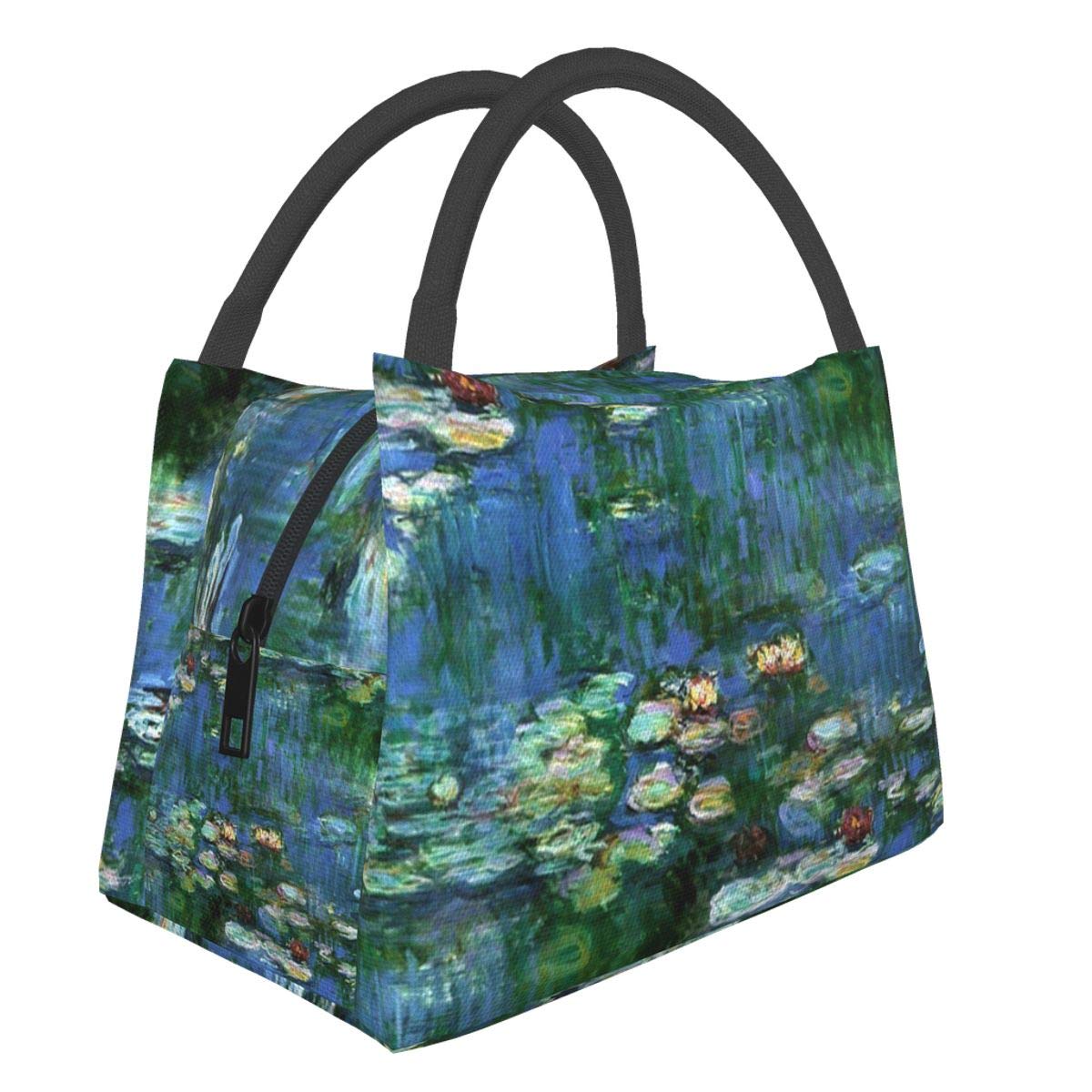 Insulated Lunch Bag with Monet Water Lilies Design - Leakproof Thermal Cooler Tote for School, Office, Picnic & Travel - Reusable Collapsible Grocery Shopping Bag
