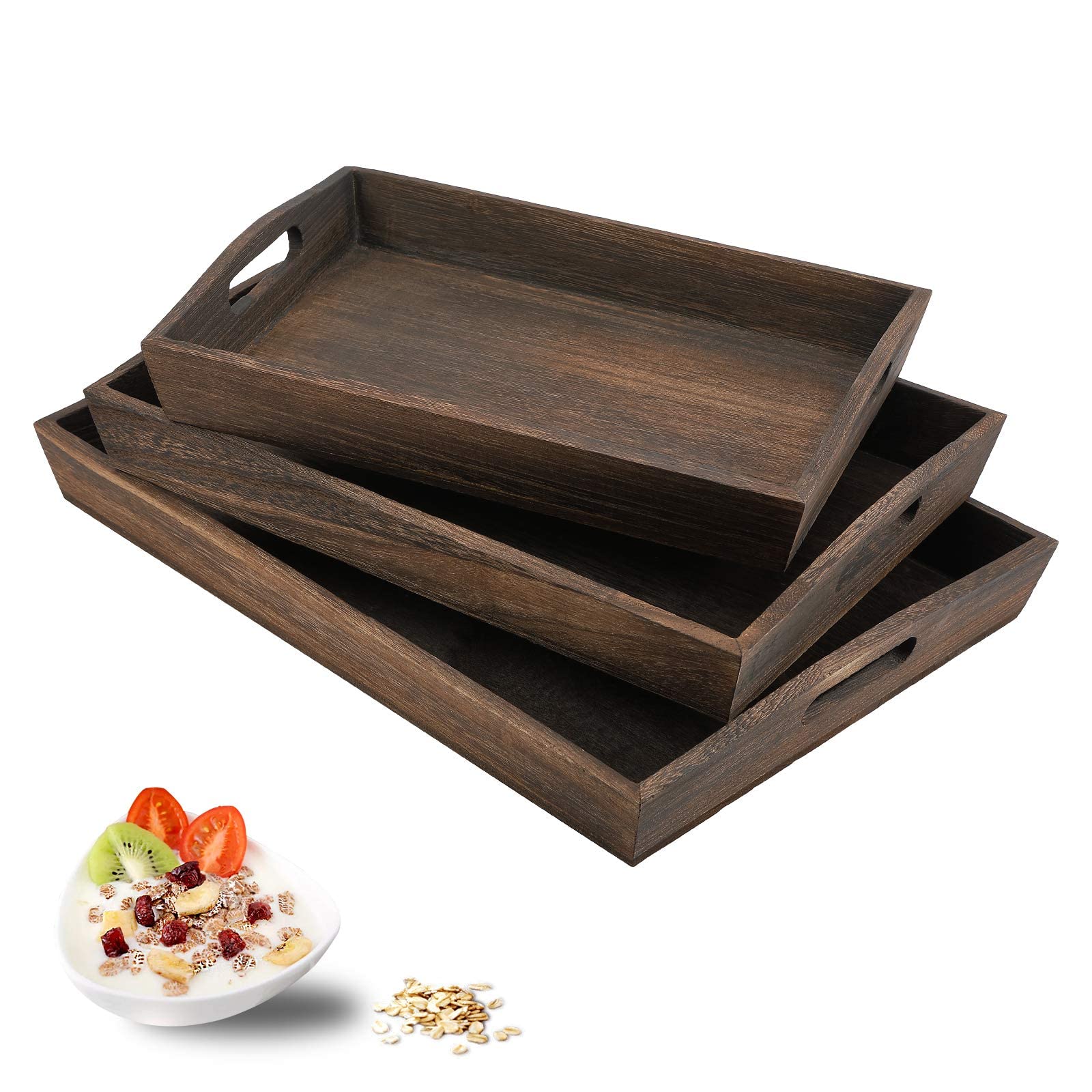 JUZI Rustic Wood Serving Tray Set with Handles - 3 Piece Large Decorative Trays for Breakfast, Dining, Parties | Perfect for Kitchen, Ottoman, Coffee Table & Home Decor | Ideal for Entertaining, Serving Food & Displaying Decor