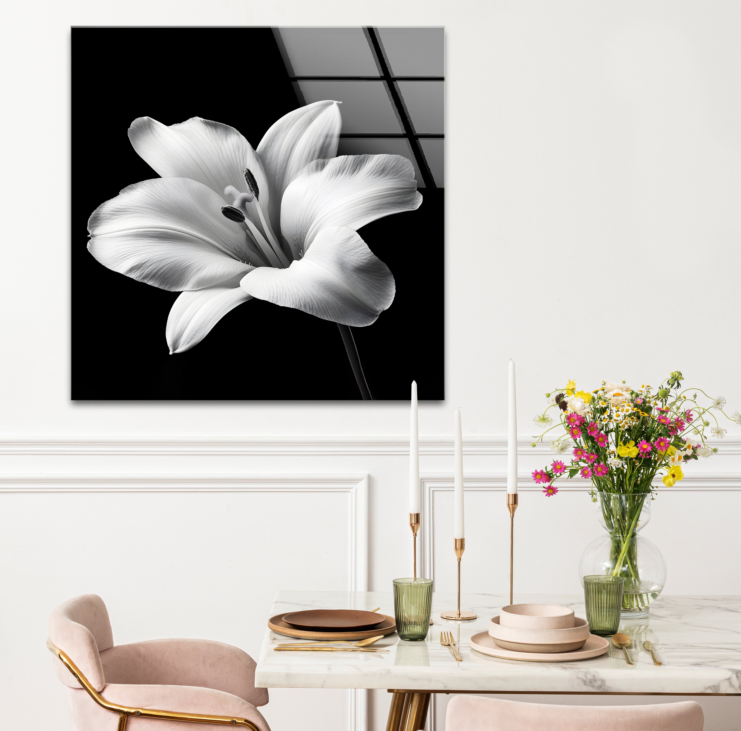 Elegant Black and White Lily Flower Glass Wall Art - Modern Home Decor for Living Room, Bedroom & Office - Perfect Gift for Housewarming, Wedding & Anniversary