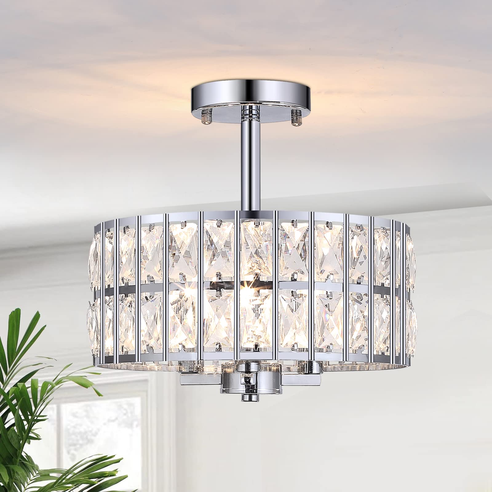 ASHUAQI 3-Light Crystal Chandelier - Modern Flush Mount Ceiling Light Fixture with Chrome Finish & Round Drum Shape for Bedroom, Hallway, Dining Room, Living Room, Kitchen Island | Elegant Lighting Solution for Home Decor