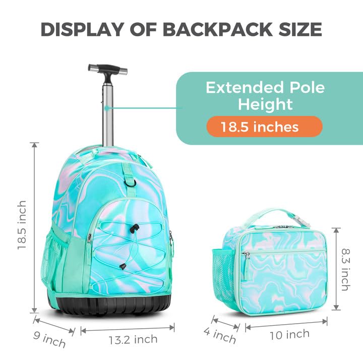 Choco Mocha Teal Rolling Backpack for Girls with Lunch Bag - 18 Inch Large Travel Backpack Set for Teen Girls, Middle School, Green | Perfect for School, Travel & Daily Use