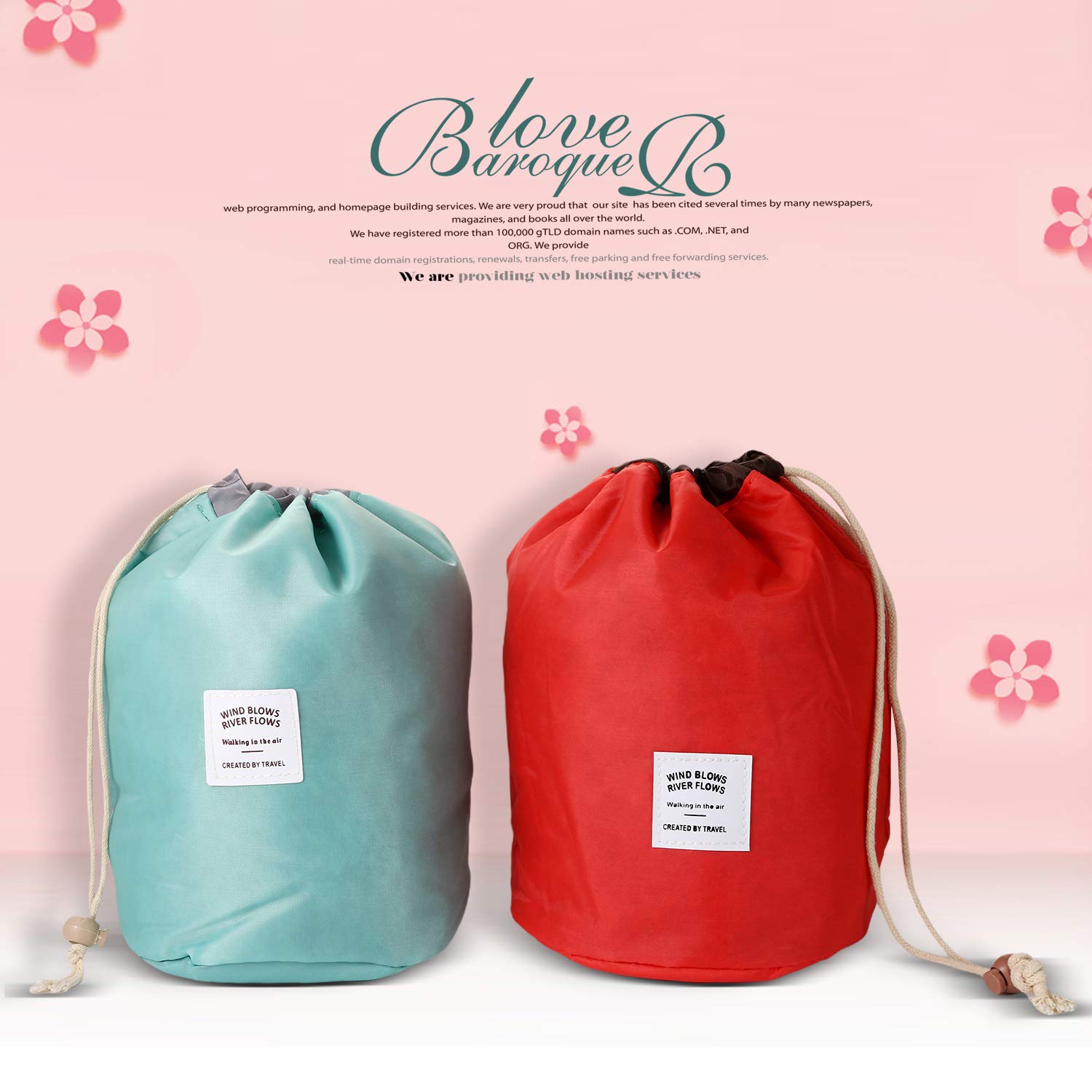 Vtrem 2-Piece Waterproof Drawstring Cosmetic Bag Set - Foldable Travel Makeup & Toiletry Organizer for Women, Portable Barrel Shaped Bathroom Storage (Blue + Red) | Perfect for Gym, Vacation & Daily Essentials Organization