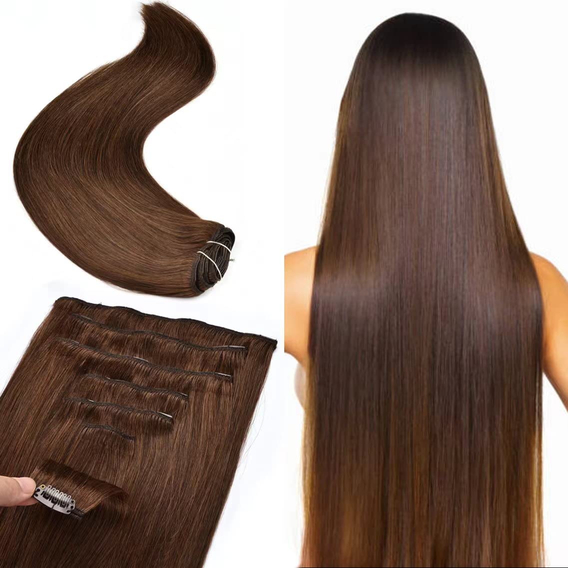 Remy Clip in Hair Extensions 18 Inch 120g 7Pcs - 100% Human Hair, Silky Straight, #4 Medium Brown - Perfect for Daily Styling, Parties & Special Occasions