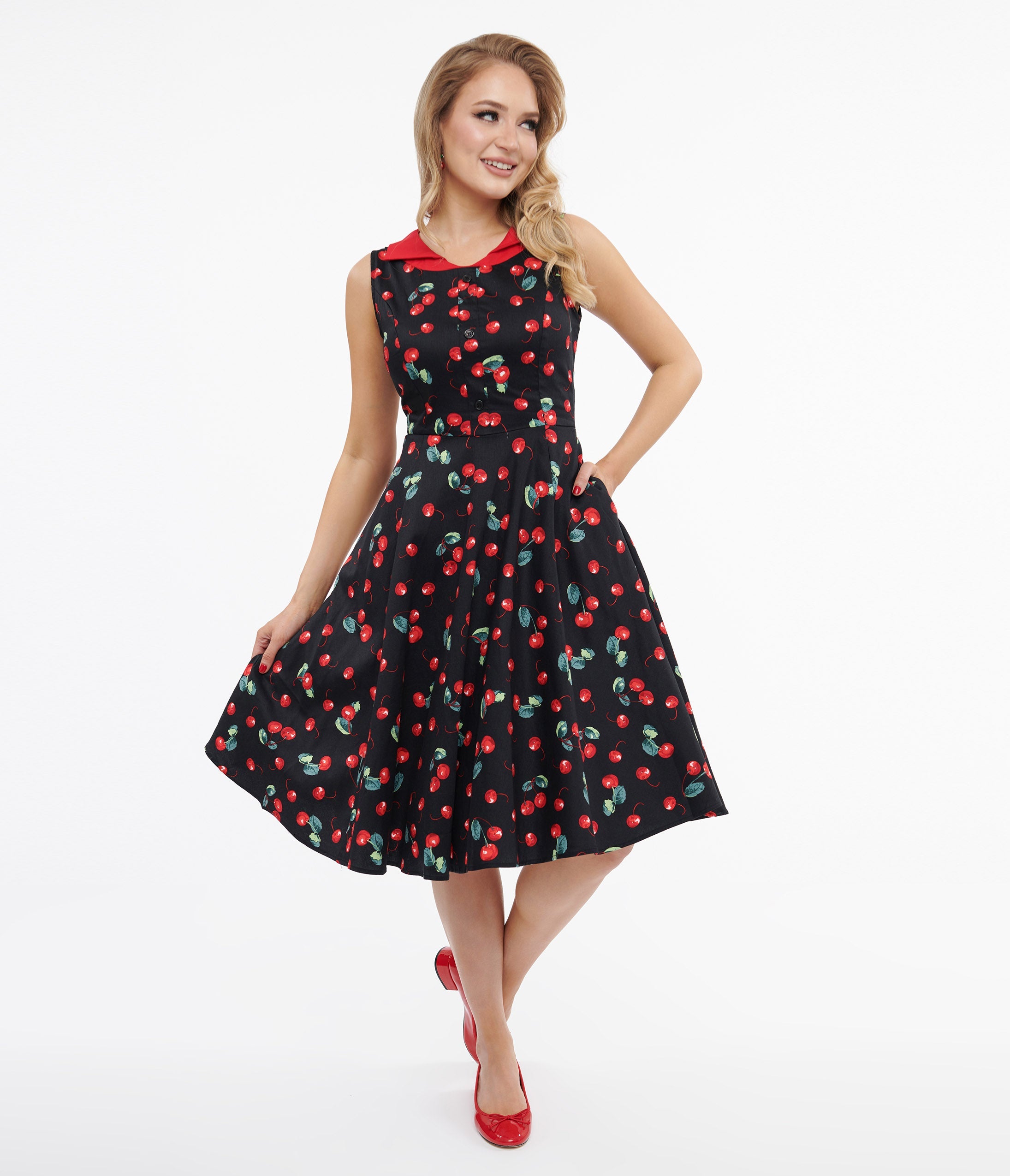 Vintage 1950s Black Cherry Cotton Swing Dress - Retro A-Line Rockabilly Dress for Women, Perfect for Parties, Dances & Pinup Style Outfits