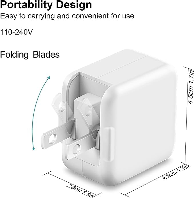 Fast Charger 12W USB Wall Plug - Foldable Travel Charger with USB Cable for iPhone, iPad, iPad Mini, iPad Air 1/2/3 & AirPods | Perfect for Home, Office & Travel Charging
