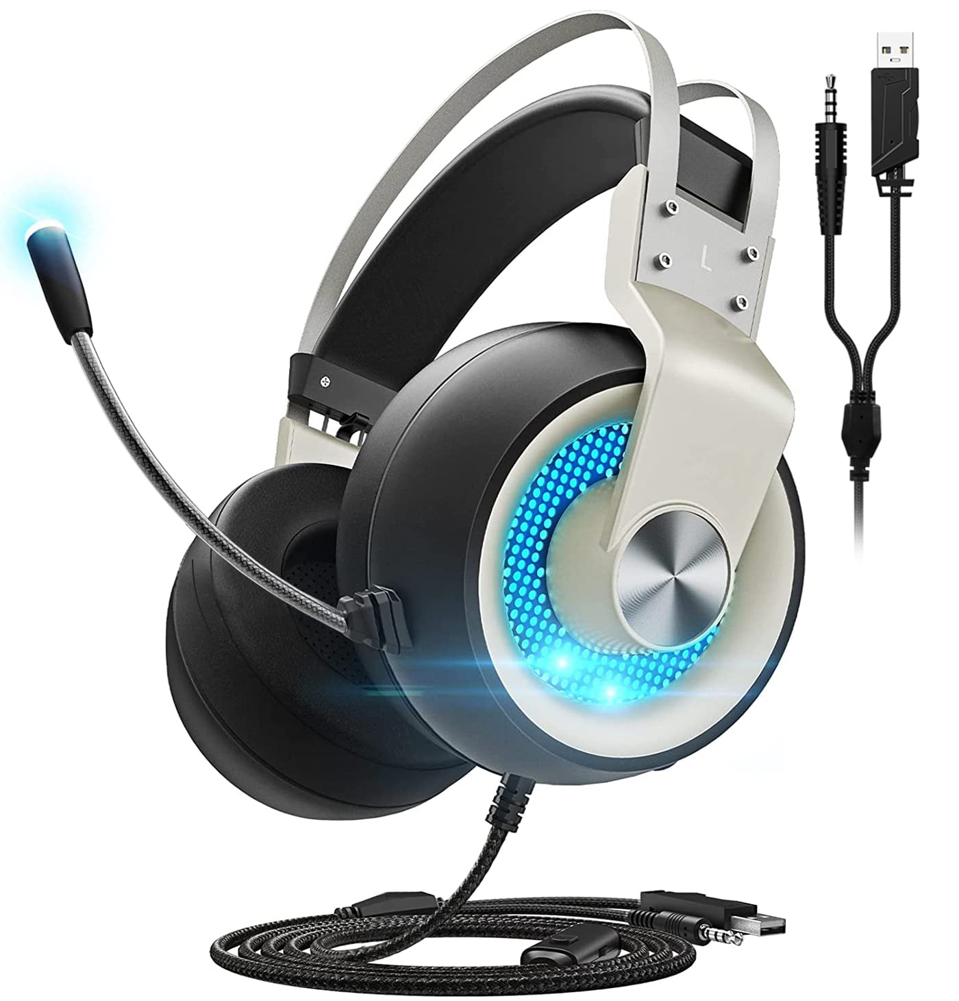 Musicera Gaming Headset for PC - 360° Rotatable Noise Cancelling Mic, 7.1 Surround Sound, LED Light Over-Ear Headphones with Soft Earmuffs - Wired Compatible with PS4, Xbox One, Nintendo Switch (Gray) - Perfect for Competitive Gaming, Streaming & Late-Night Sessions