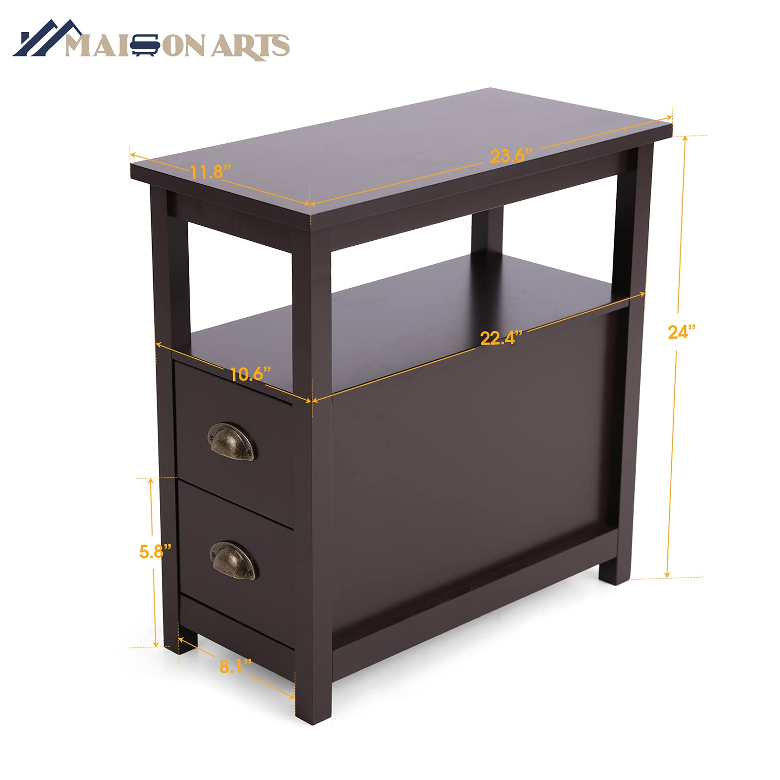 MAISON ARTS Brown Narrow End Table with 2 Storage Drawers & Open Shelf - Compact Sofa Side Table, Nightstand for Bedroom & Living Room - Perfect for Small Spaces, Apartment Decor, Coffee Table Alternative (Brown)