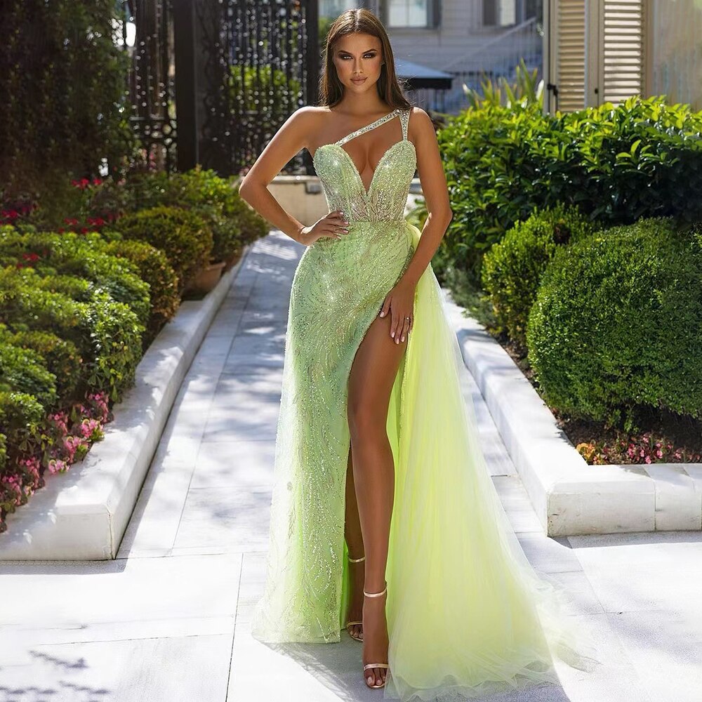 Elegant One Shoulder Spaghetti Strap Mermaid Evening Dress with Beaded Detail & High Slit - Women's Formal Gown for Prom, Party & Special Occasions - Serene Hill Lemen LA71982