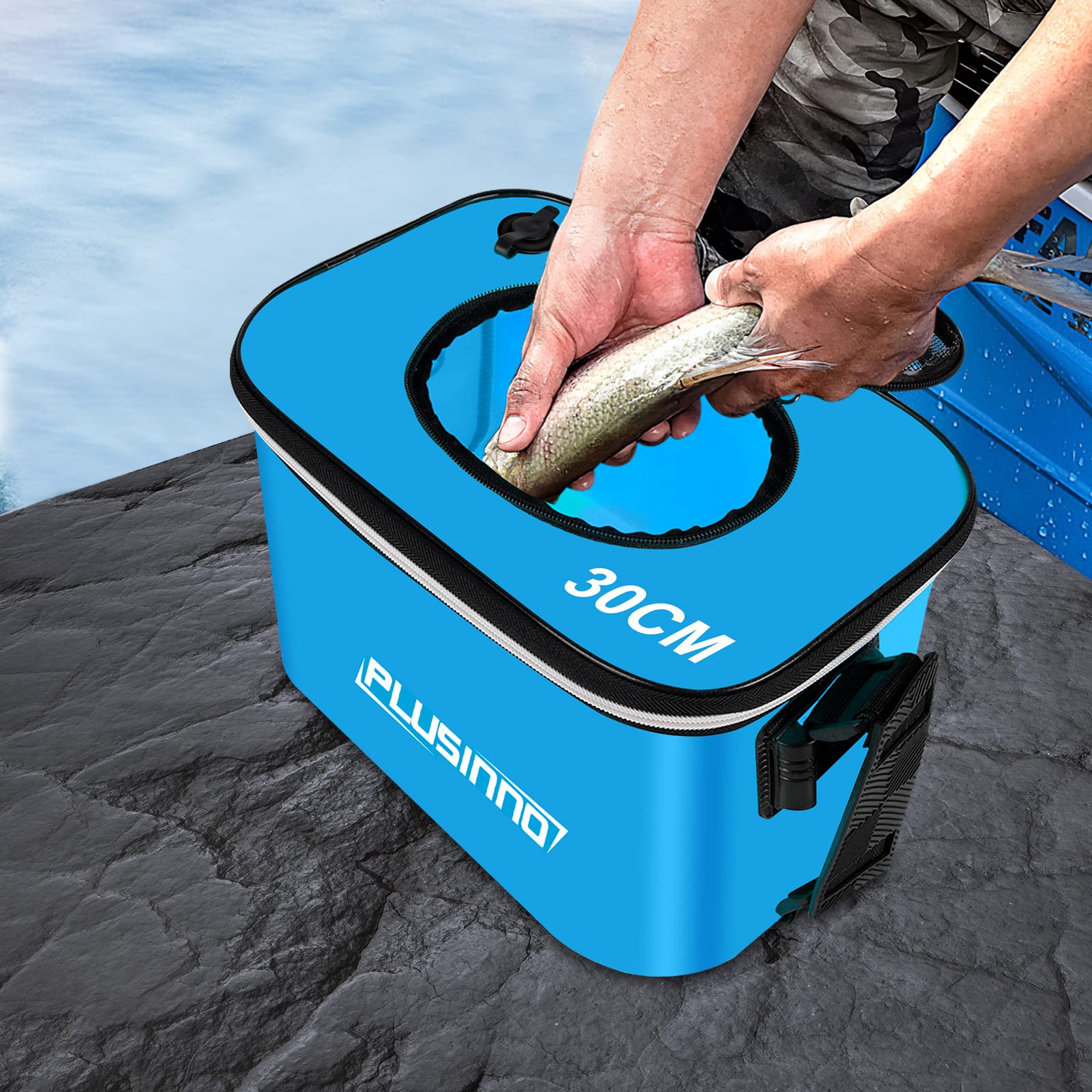 PLUSINNO Foldable Fishing Bait Bucket - Portable Minnow Bucket & Live Bait Container for Freshwater & Saltwater Fishing - Durable EVA Fishing Gear for Camping, Kayak & Boat Fishing (Kids & Adults)