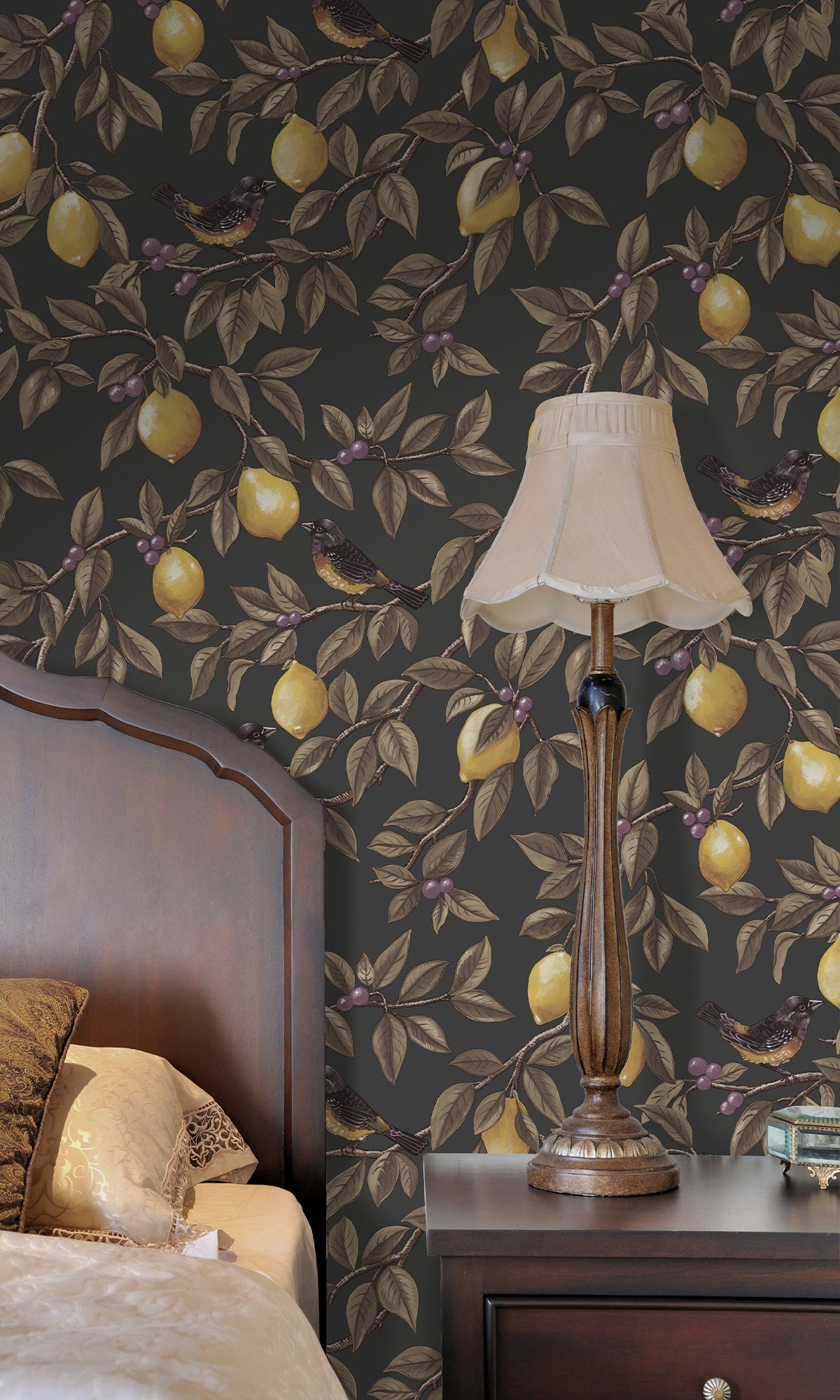 Charcoal Golden Lemon Trail Wallpaper R9634 - Peel and Stick Removable Wallpaper for Bedroom, Living Room, and Office Decor