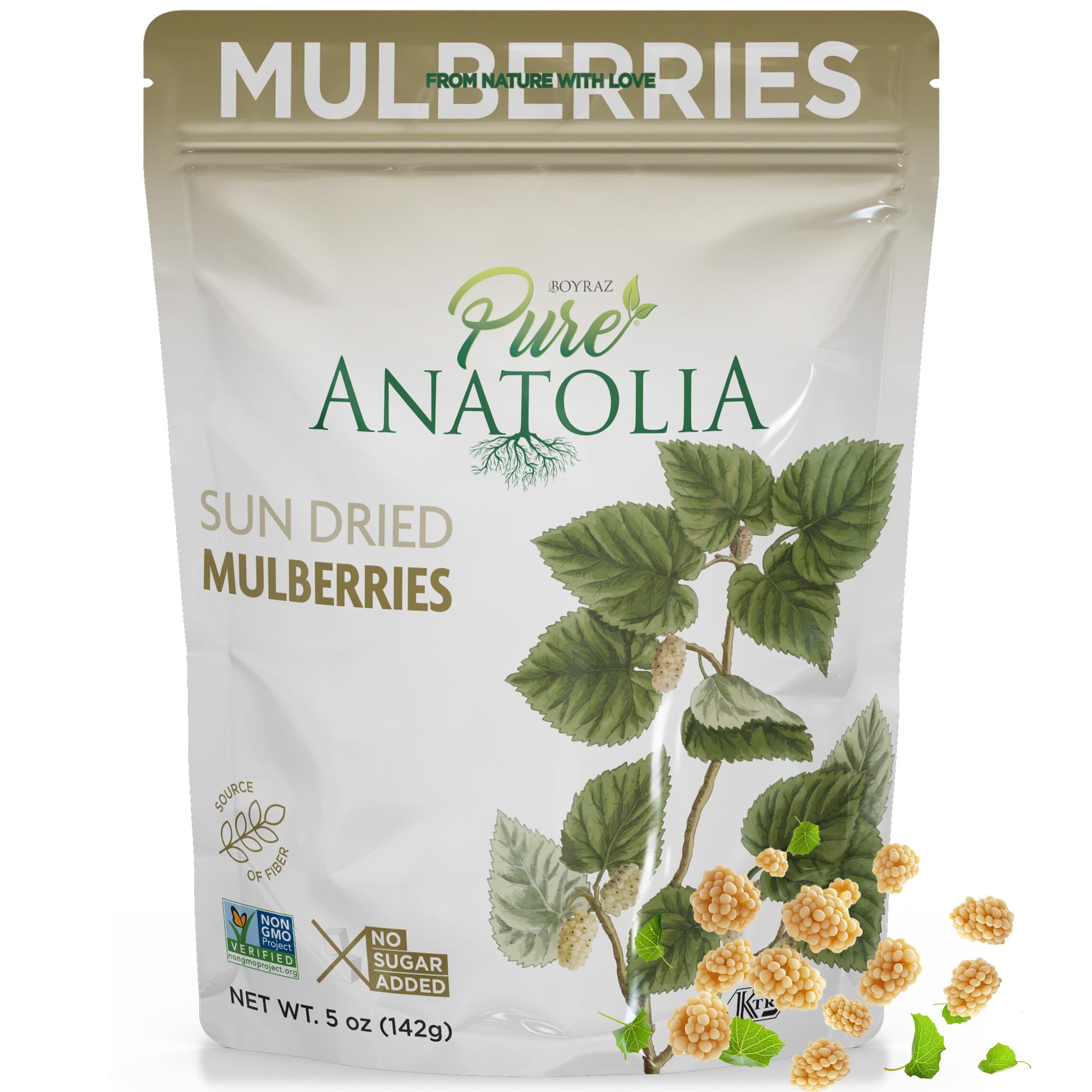 100% Sun-Dried White Mulberries by Pure Anatolia | Non-GMO, No Sugar Added, Sulfur-Free, Kosher Certified | Healthy Whole Fruit Fiber Snacks | 5 oz Resealable Pack | Perfect for Smoothies, Yogurt, Baking & On-the-Go Snacking