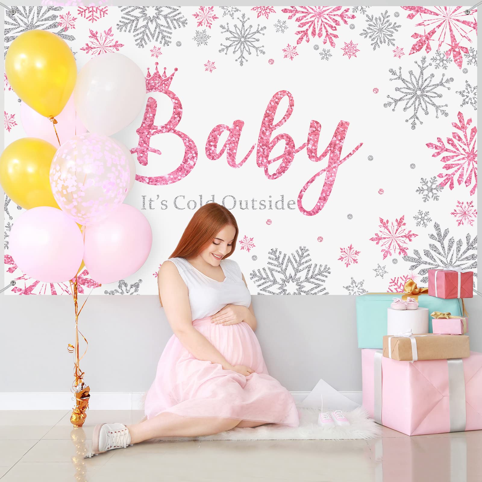 Tegeme Winter Wonderland Photography Backdrop - 5.9x3.6ft Pink Snowflakes Baby Shower Decor for Girls Birthday Party, Baby It's Cold Outside Theme - Perfect for Winter Baby Showers, Newborn Photos & Holiday Celebrations