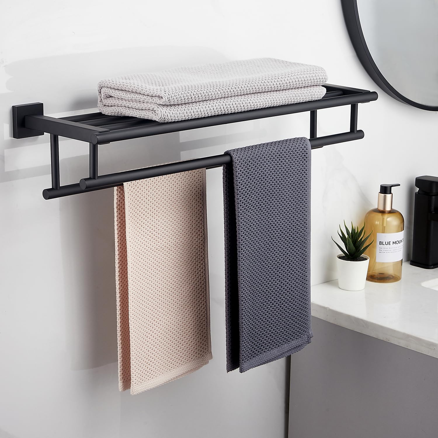 24 Inch Wall Mounted Towel Rack - Matte Black Double Towel Bar with SUS304 Stainless Steel - Bathroom Towel Holder for Home & Hotel Use - Space Saving Durable Towel Shelf for Bath, Spa & Guest Rooms