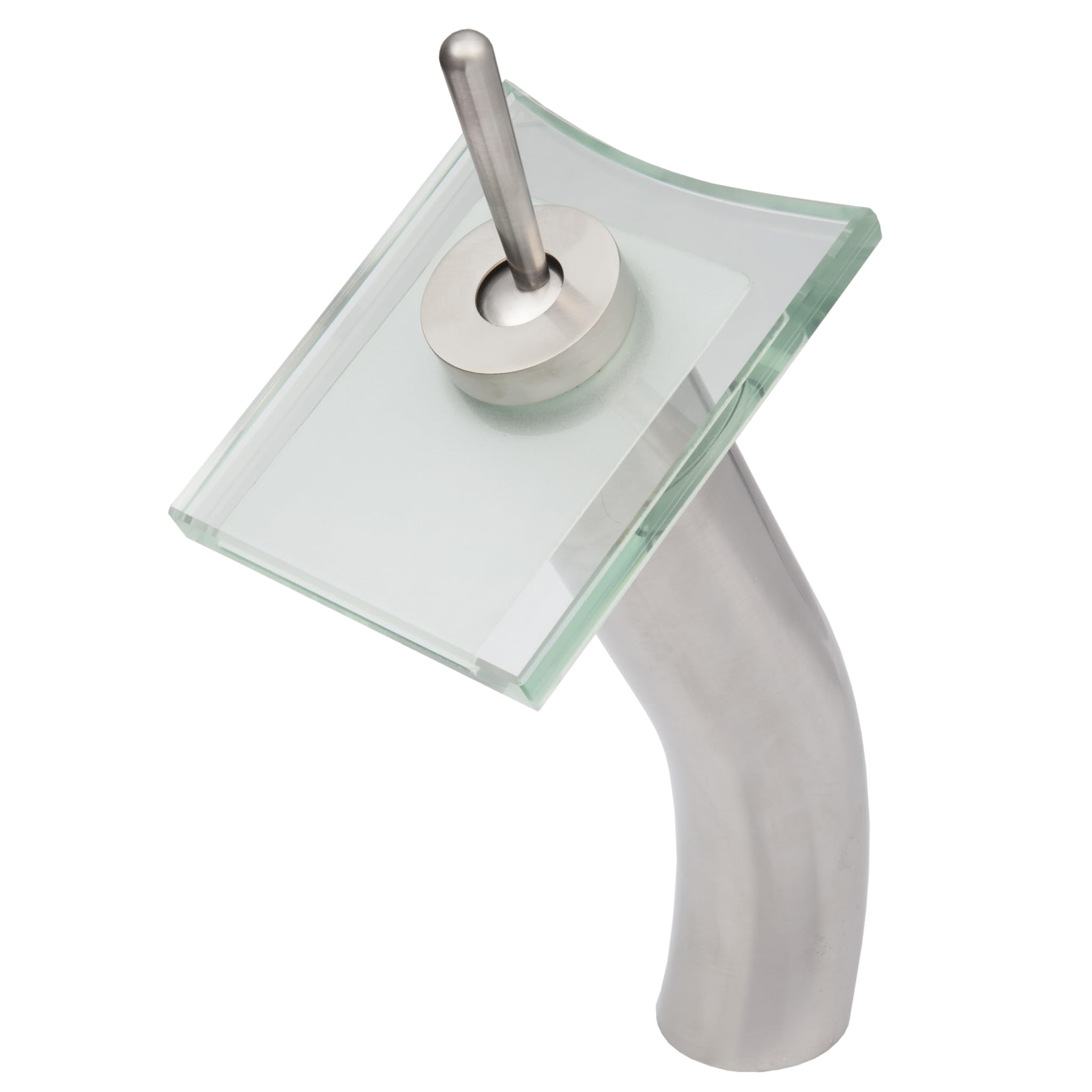 Novatto GF-011BN-C Modern Square Single Lever Waterfall Vessel Faucet in Brushed Nickel with Clear Glass - Perfect for Bathroom Vanity, Sink, and Luxury Home Decor