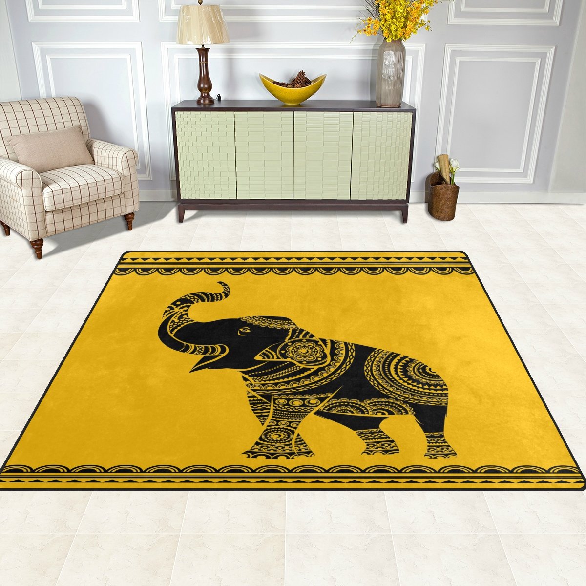 ALAZA Mandala Elephant Tribal Area Rug - 7' x 5' Bohemian Floor Carpet for Living Room, Bedroom, Dorm | Non-Slip Soft Home Decor for Yoga, Meditation & Boho Style Spaces