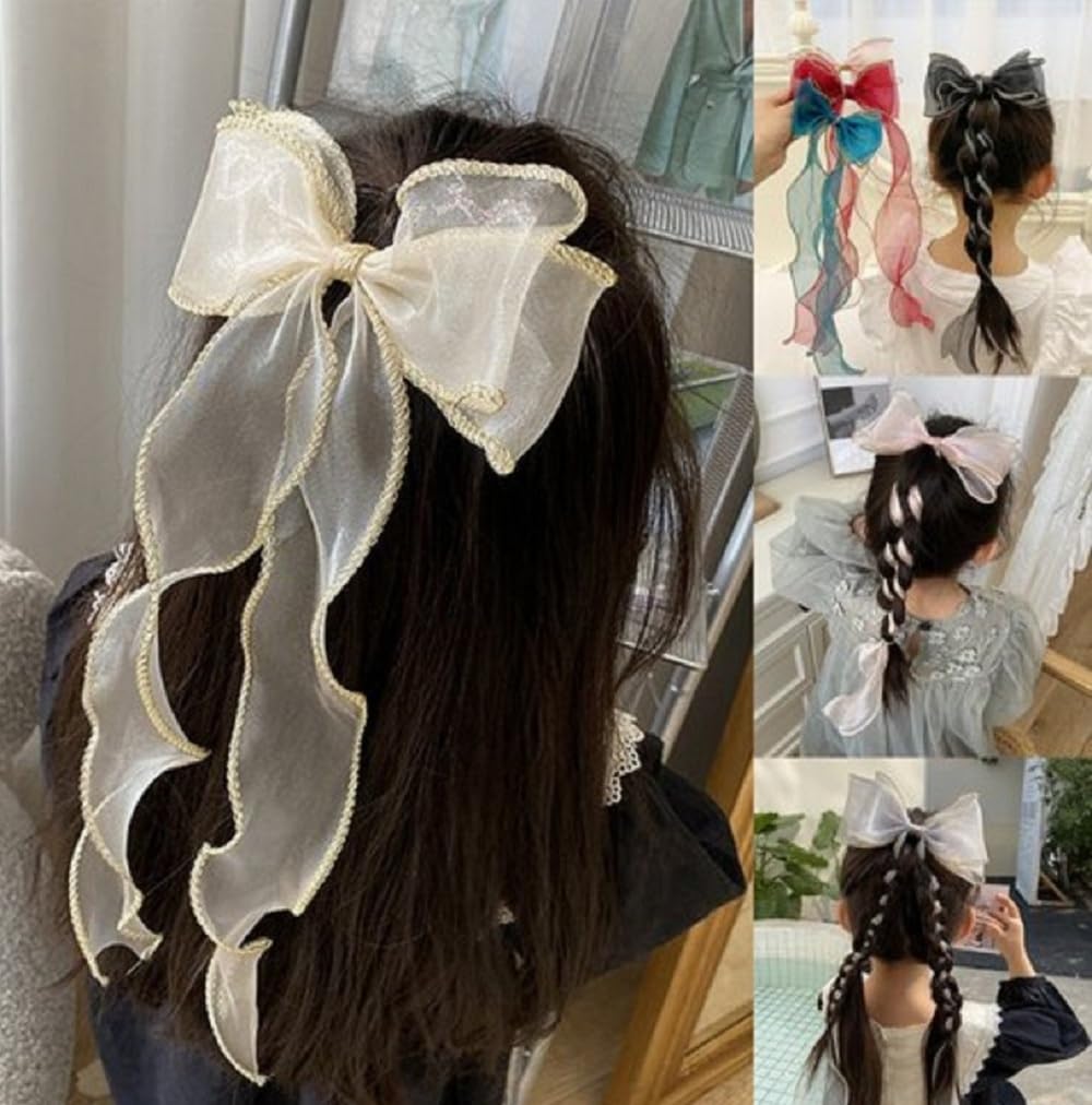 2 Pcs Cute Long Ribbon Hair Clips for Girls - Princess Bow Headbands, Ponytail Holders & Braided Hair Accessories - Perfect for School, Parties and Everyday Wear