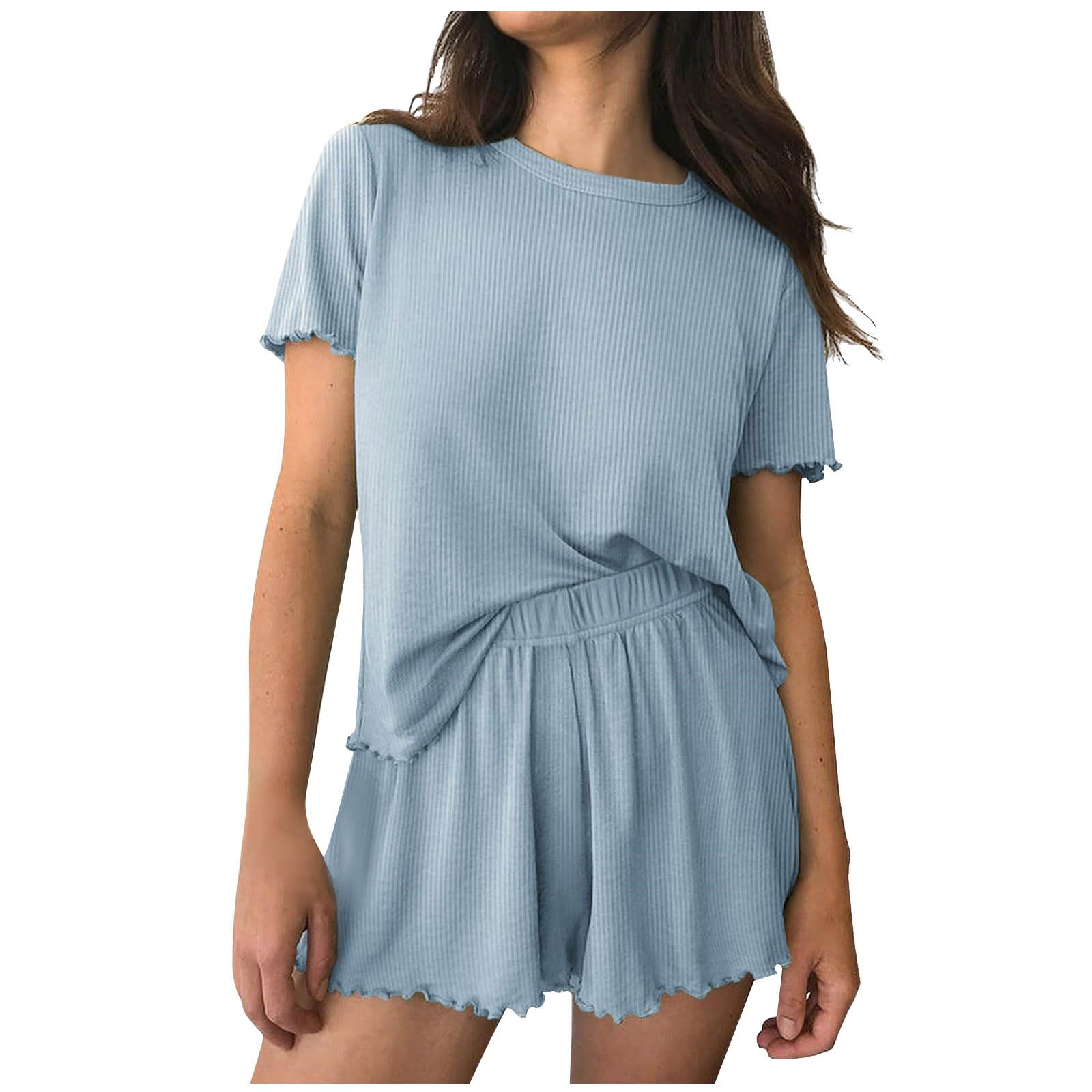 YRAETENM Women's Summer Pajama Set - Soft Ribbed Knit Short Sleeve Top & Shorts Sleepwear | 2-Piece Lounge Outfit for Bedtime, Relaxation & Vacation