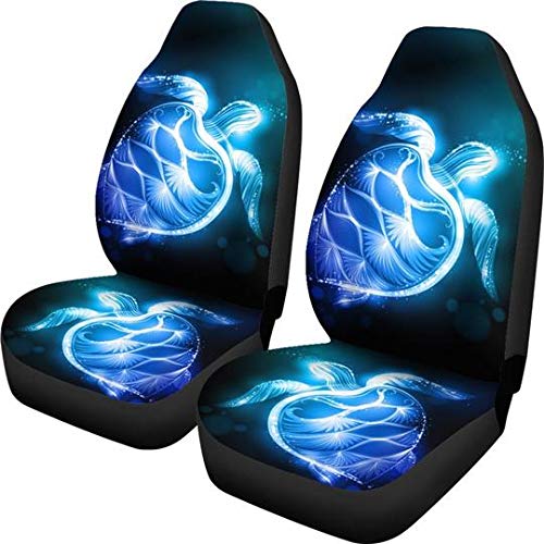 BIGCARJOB Blue Neon Sea Turtle Print Universal Car Seat Covers 2-Piece Set - Front Seat Protector & Saddle Blanket for Cars, Trucks & SUVs | Waterproof & Non-Slip Auto Accessories for Beach Trips & Road Travel