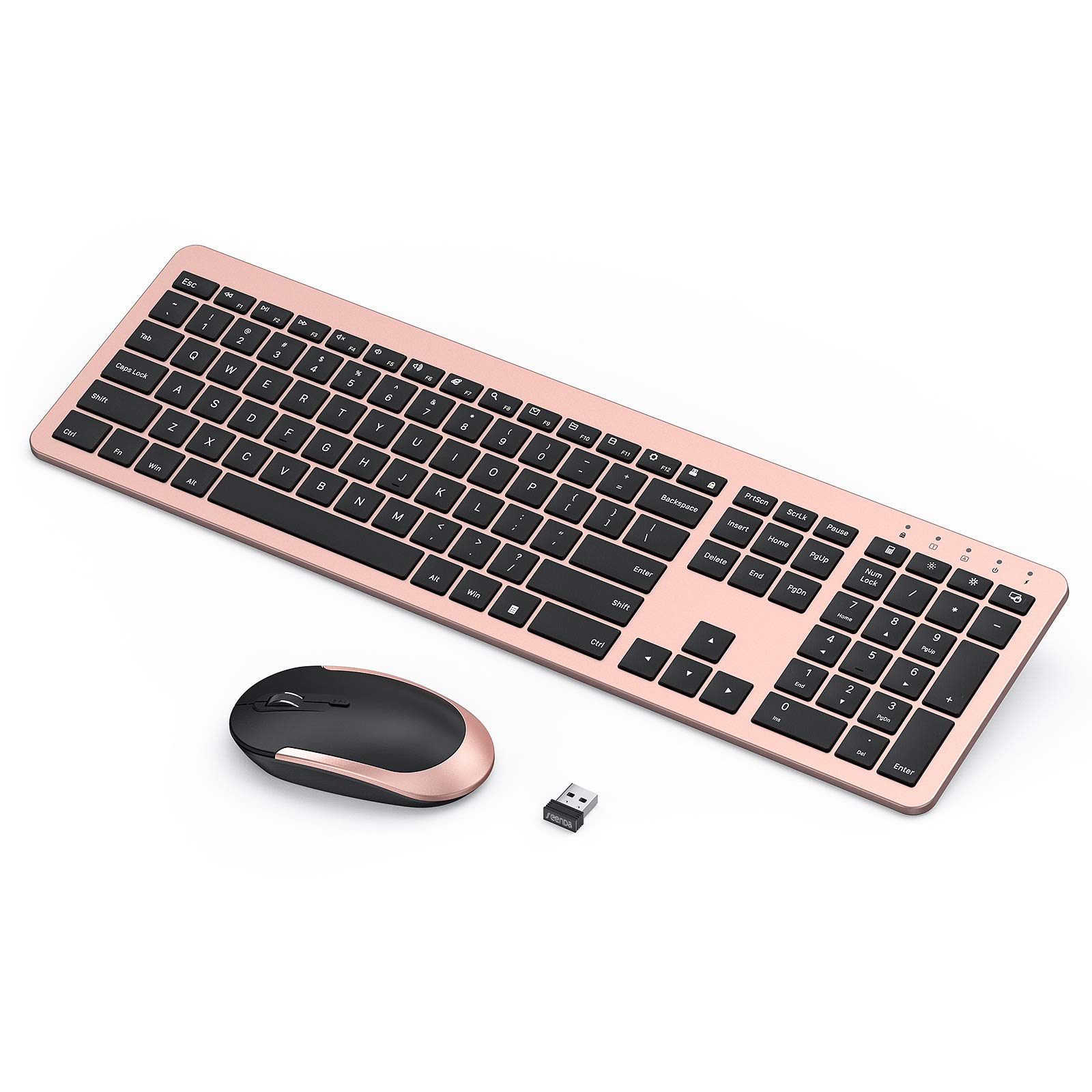 Seenda Rechargeable Wireless Keyboard and Mouse Combo - Full Size Cordless Keyboard with Built-in Lithium Battery, Ultra Thin Quiet Keyboard & Mouse Set (Rose Gold & Black) for Office, Home, Gaming & Remote Work