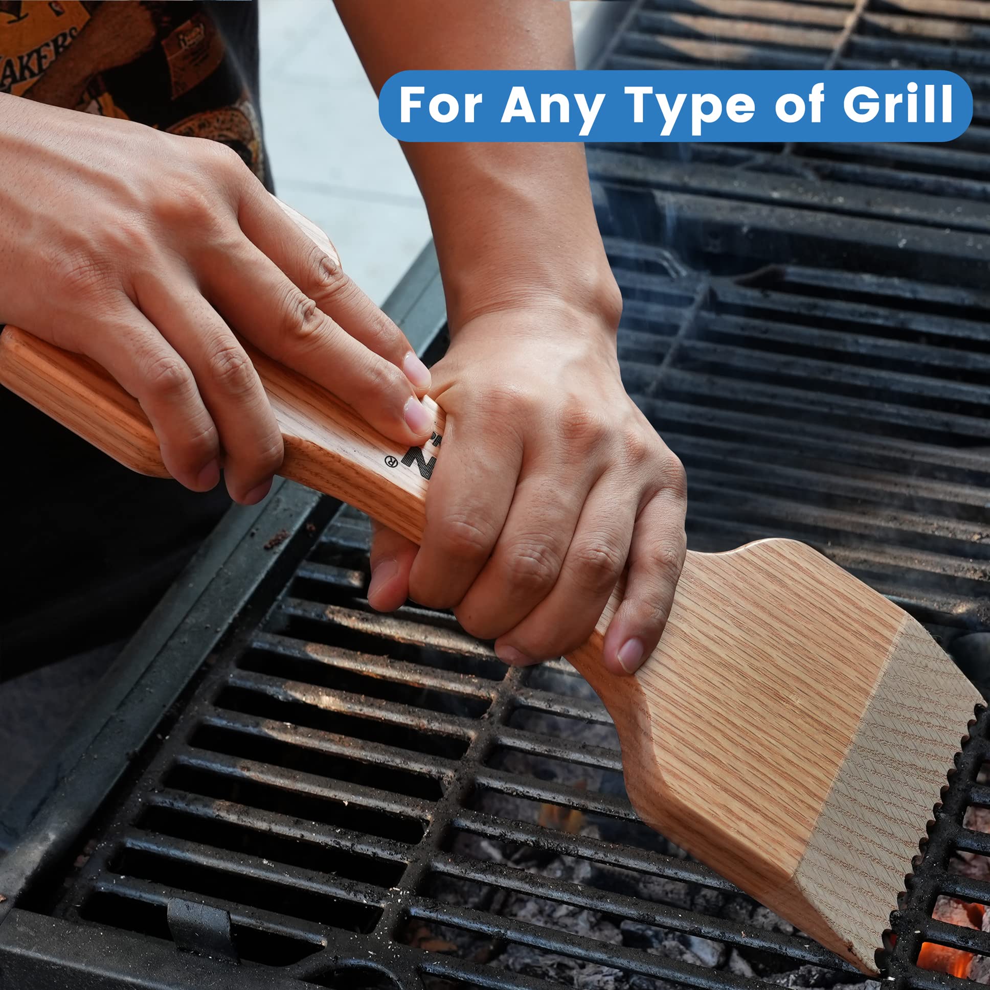 CONSDAN Solid Oak Wooden Grill Scraper - Bristle-Free BBQ Grill Brush for Outdoor Grilling, Safe Grill Grate Cleaner for Gas, Charcoal & Pellet Grills - Perfect for Backyard BBQs, Camping & Tailgating