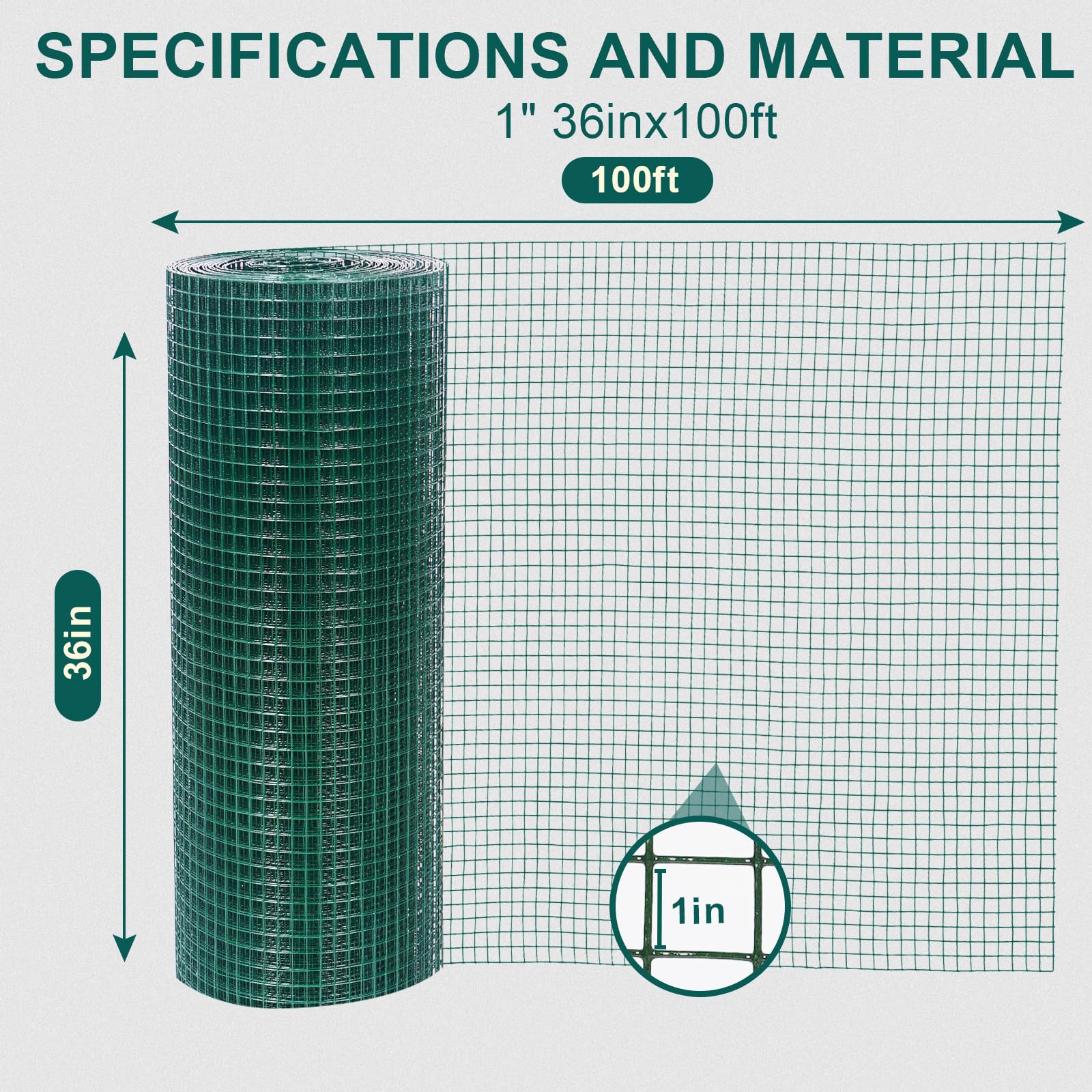 1' x 100ft PVC Coated Green Chicken Wire - 36 Inch Welded Metal Hardware Cloth for Garden Fence, Snake & Raccoon Protection, Poultry Netting | Ideal for Backyard Gardens, Chicken Coops & Animal Enclosures