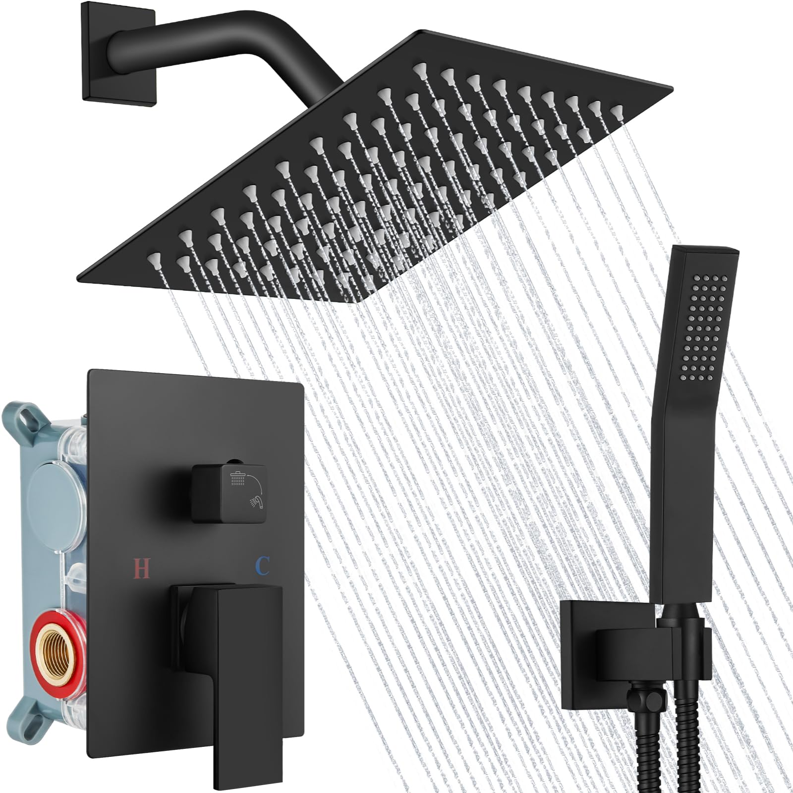 Midanya 8 Inch Matte Black Square Rainfall Shower System - Wall Mount Shower Head with Handheld Sprayer, Rough-in Valve & Bathroom Mixer Combo Set for Luxurious Spa Experience at Home
