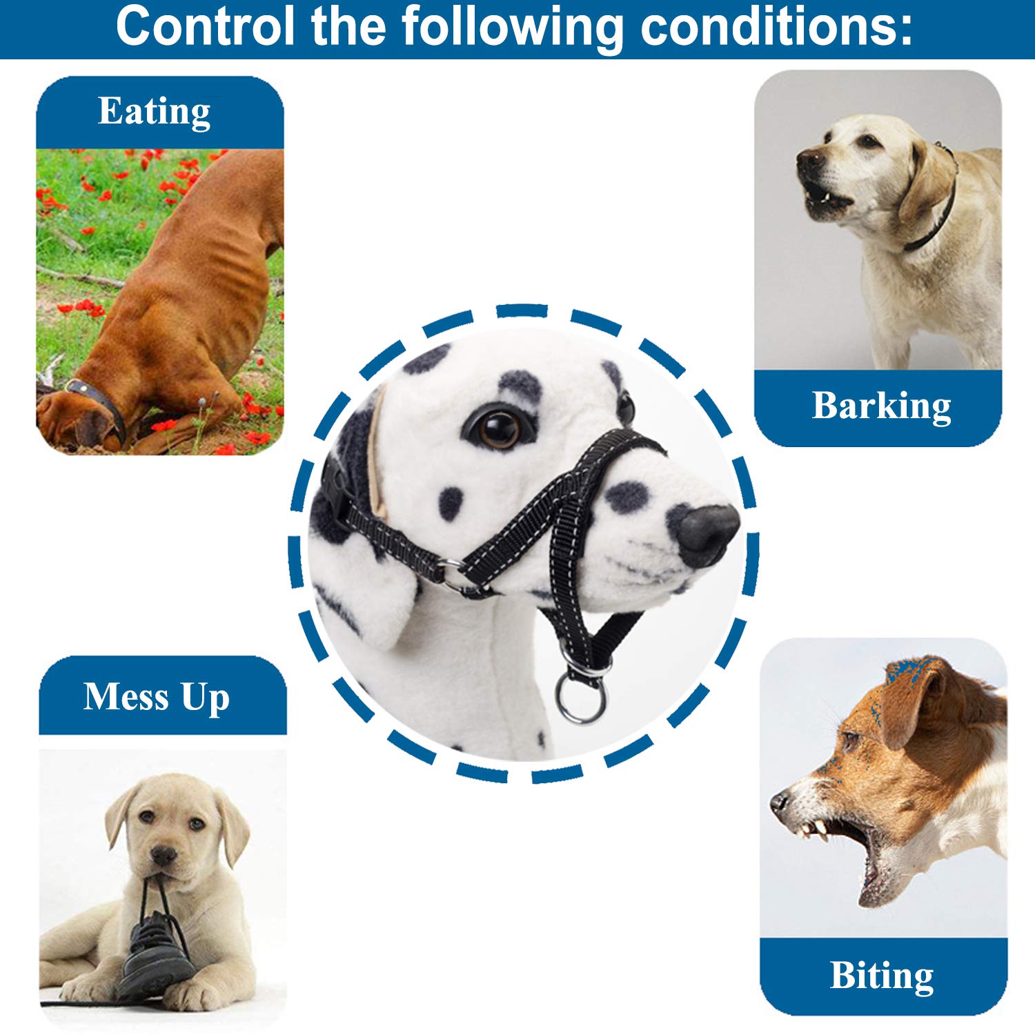 Reflective Dog Head Halter with Safety Strap - No Pull Dog Collar for Small, Medium & Large Dogs (Size S, Blue) - Perfect for Walking, Training & Nighttime Safety