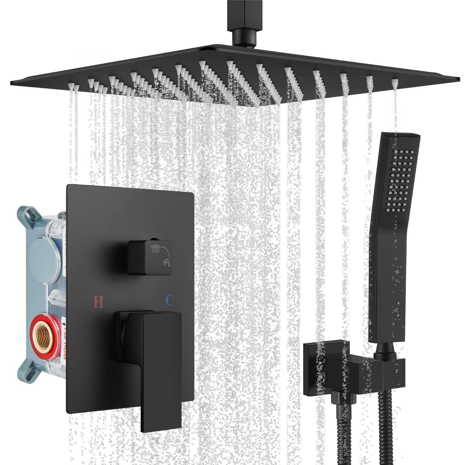 Gotonovo Luxury Matte Black Rain Shower Combo Set - 10 Inch Ceiling Mount Shower Head with High Pressure Handheld Spray, 2-Function Mixer Faucet & Rough-in Valve | Perfect for Modern Bathroom Renovation & Spa-Like Shower Experience