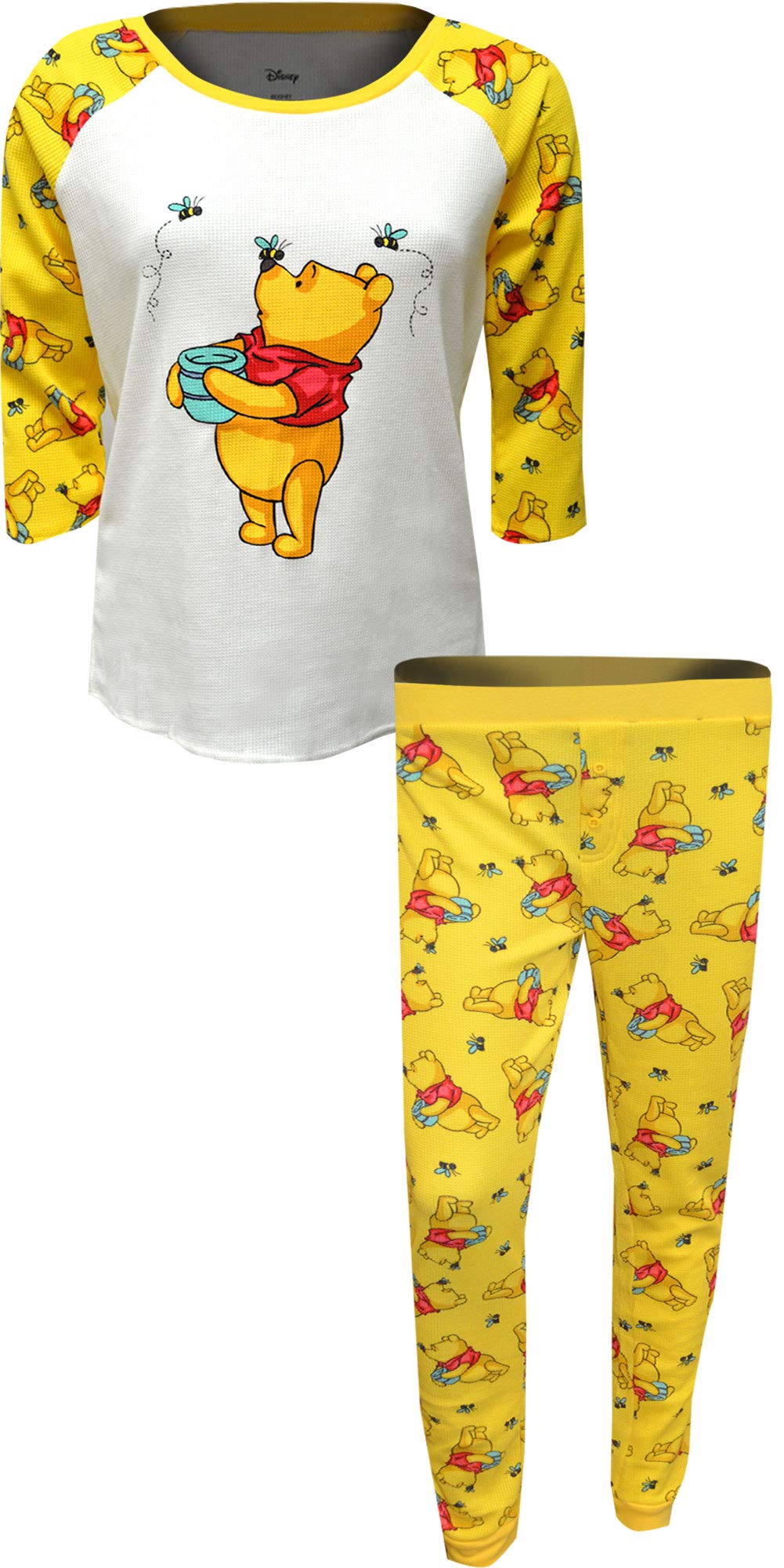 Disney Women's Winnie the Pooh Waffle Knit Jogger Pajama Set - Soft & Cozy Sleepwear for Women (Small, Yellow) - Perfect for Lounge, Sleep & Relaxation at Home