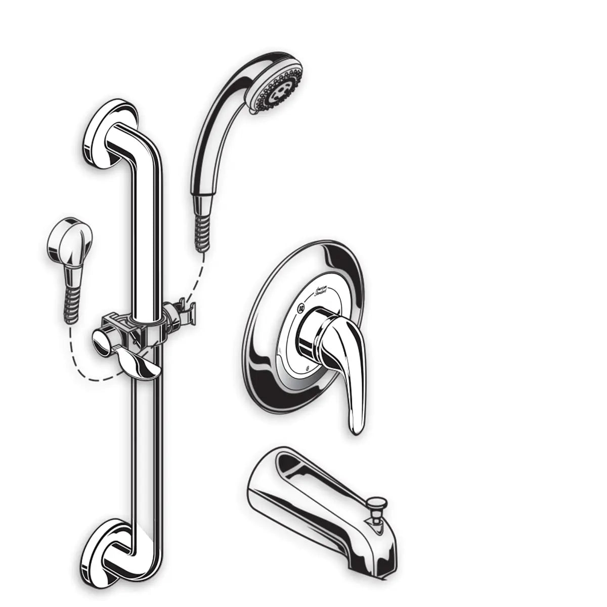 1.5 GPM Commercial Shower System - 36 Inch 3-Function Hand Shower Kit with Slide Grab Bar & Diverter Tub Spout for ADA Bathroom & Universal Design - Perfect for Hotels, Gyms & Senior Living Facilities