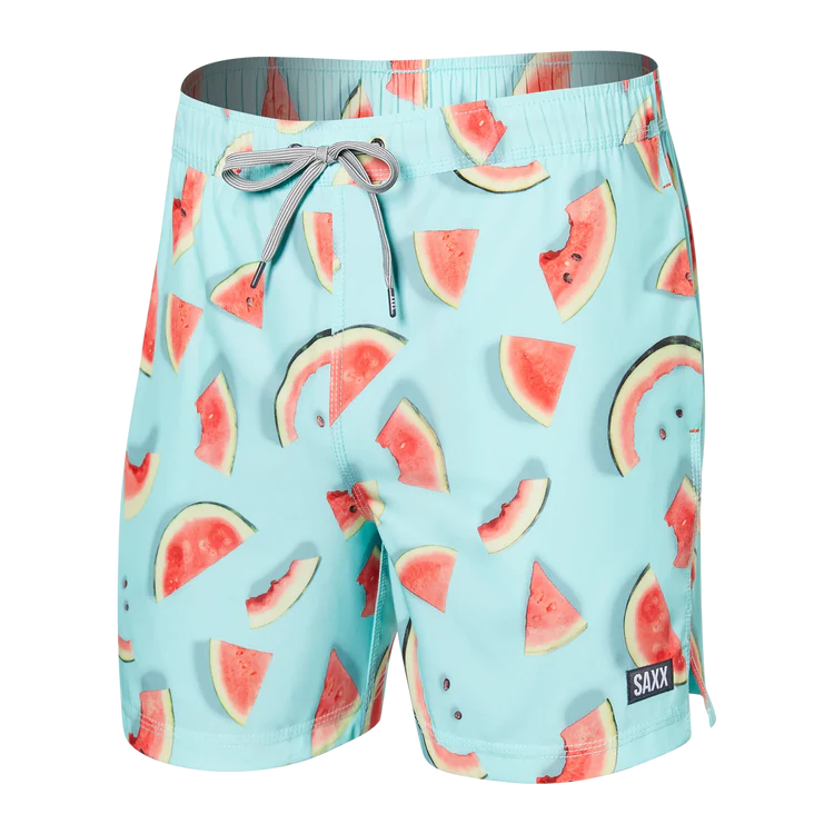 SAXX Men's 5 Inch Oh Buoy 2-in-1 Volley Swim Trunks - Quick Dry Board Shorts with Built-in Liner for Swimming, Beach & Water Sports (Watermelon Print)