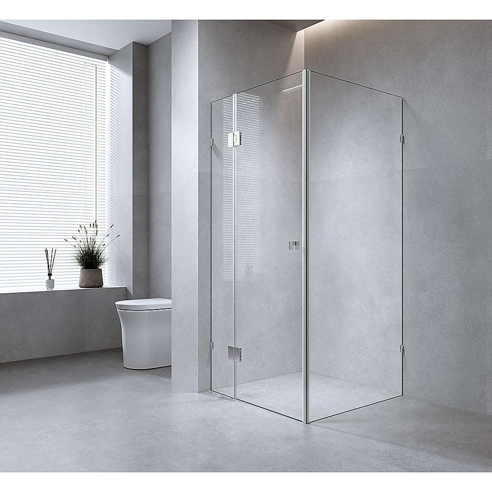 120x100cm Frameless Corner Shower Screen with Black Brackets & Brass Hinges - Square Knob Handle for Modern Bathroom | Waterproof Glass Enclosure for Walk-in Showers & Wet Rooms