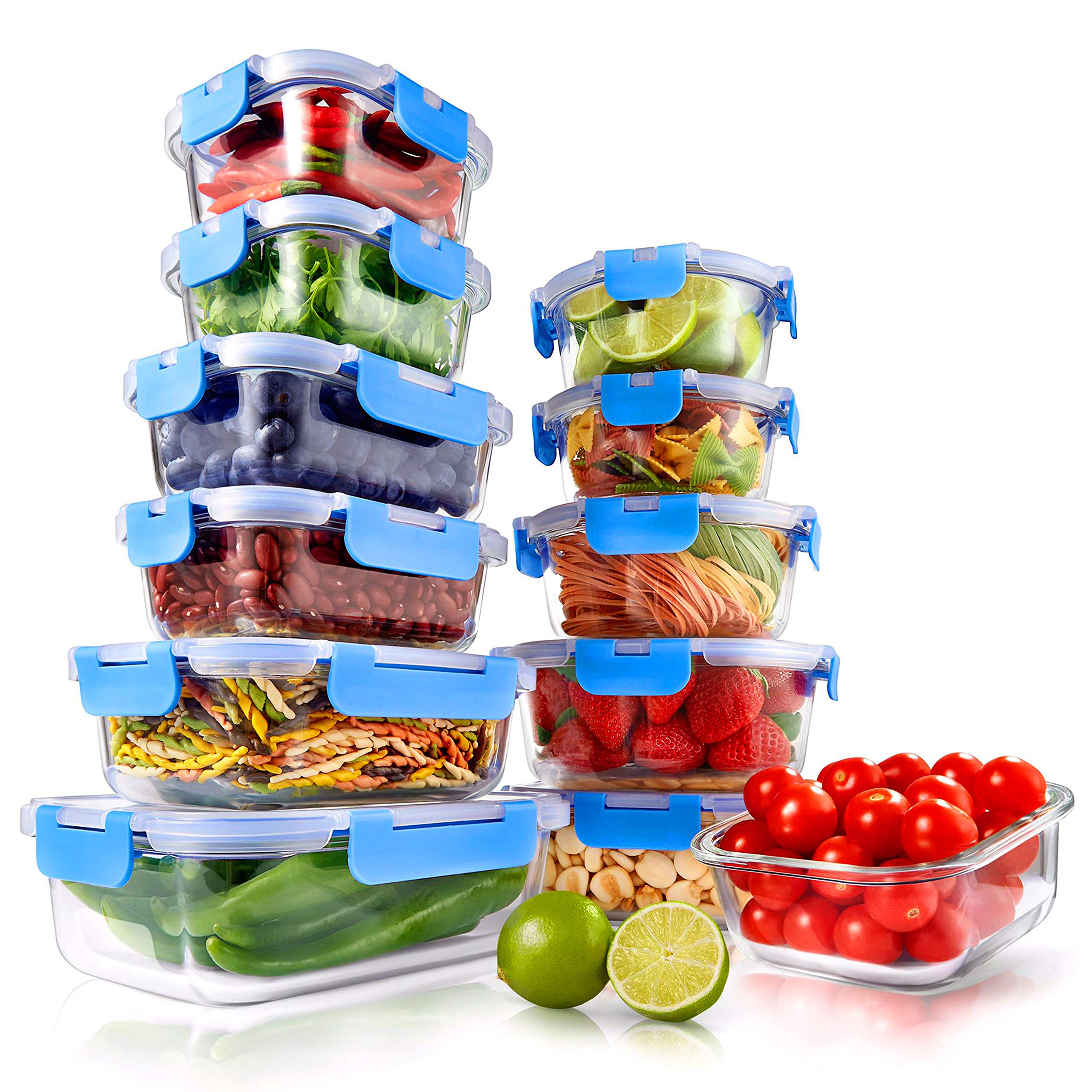 NutriChef 12-Piece Glass Food Storage Containers Set with Airtight Lids - BPA-Free Stackable Meal Prep Containers for Kitchen, Office & Travel - Microwave, Freezer & Dishwasher Safe - Ideal for Meal Prep, Leftovers, Snacks, Fruits & Salad Storage (Blue)
