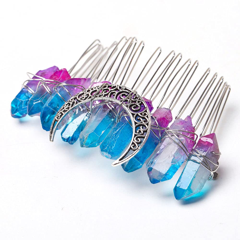 Natural Crystal Hair Comb for Women - Aura Amethyst & Blue Bridal Wedding Headpiece, Hairpin & Hair Clip for Side Styling | Perfect for Weddings, Prom & Special Occasions