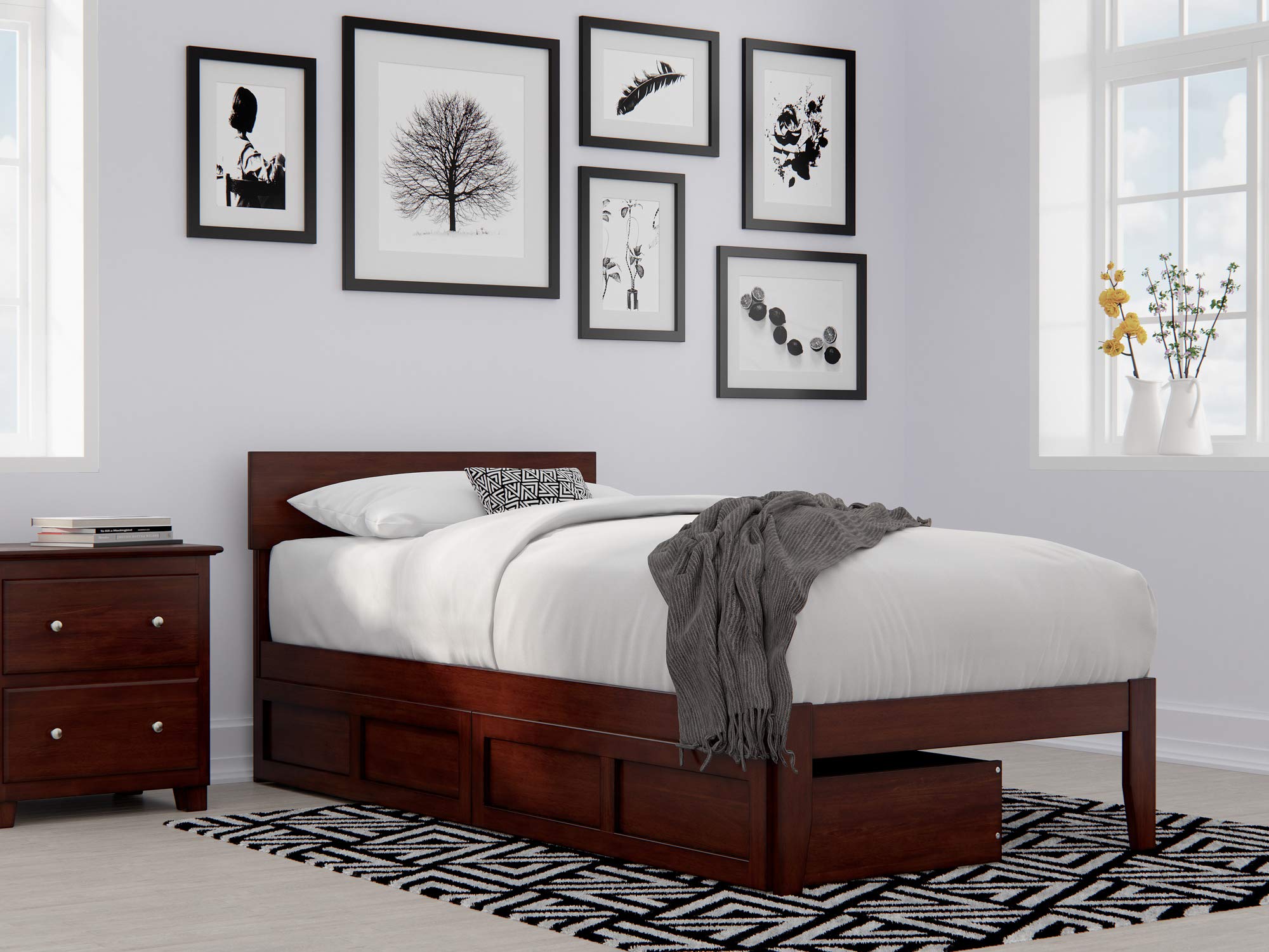 AFI Twin XL Bed Frame with Underbed Storage Drawers, Solid Walnut Wood - Perfect for Small Spaces, Dorms & Guest Rooms