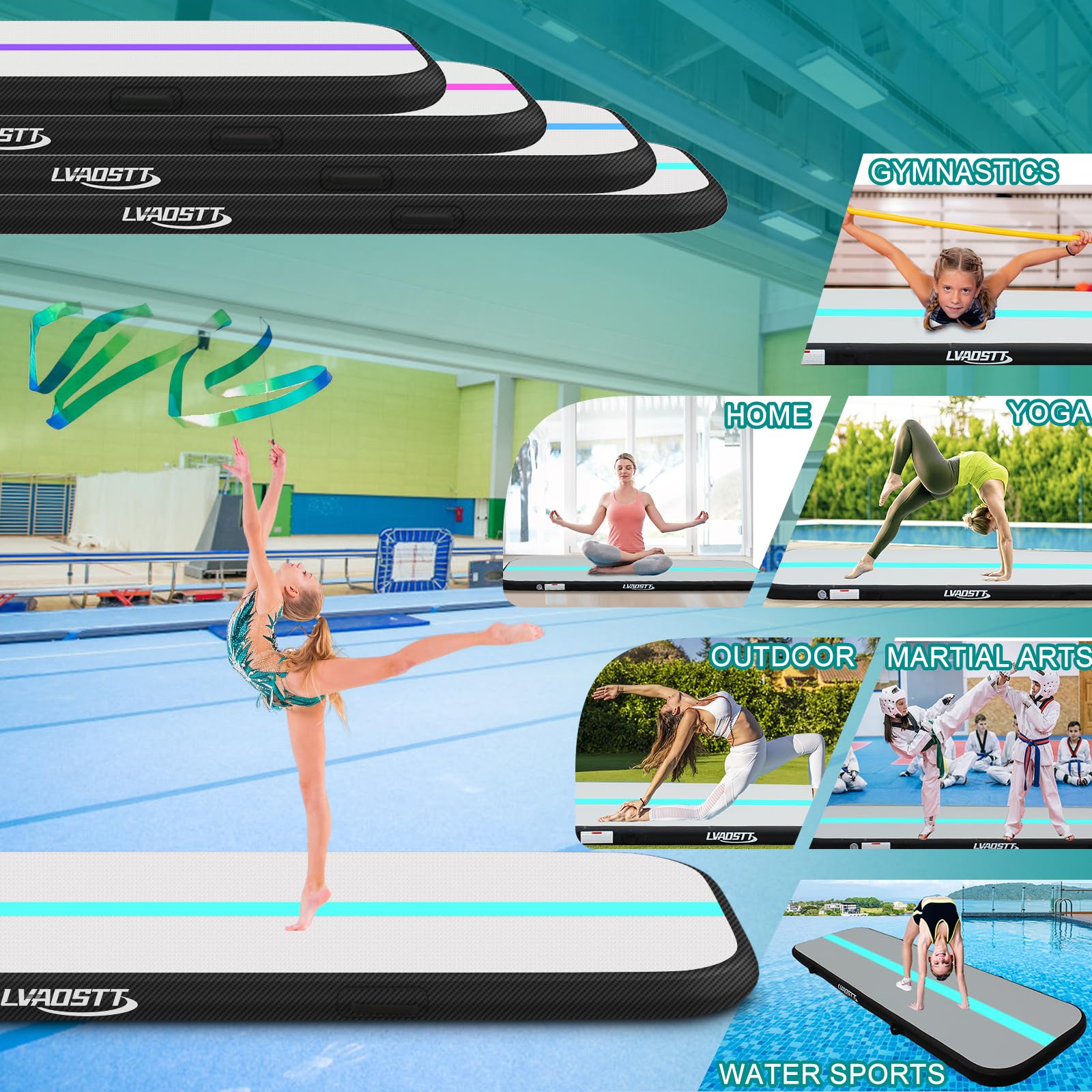 **13ft/16ft/20ft Inflatable Gymnastics Air Mat - 4/8 Inch Thick Tumbling Track with Electric Pump for Home, Cheerleading & Water Use | Perfect for Training, Meditation & Outdoor Play**